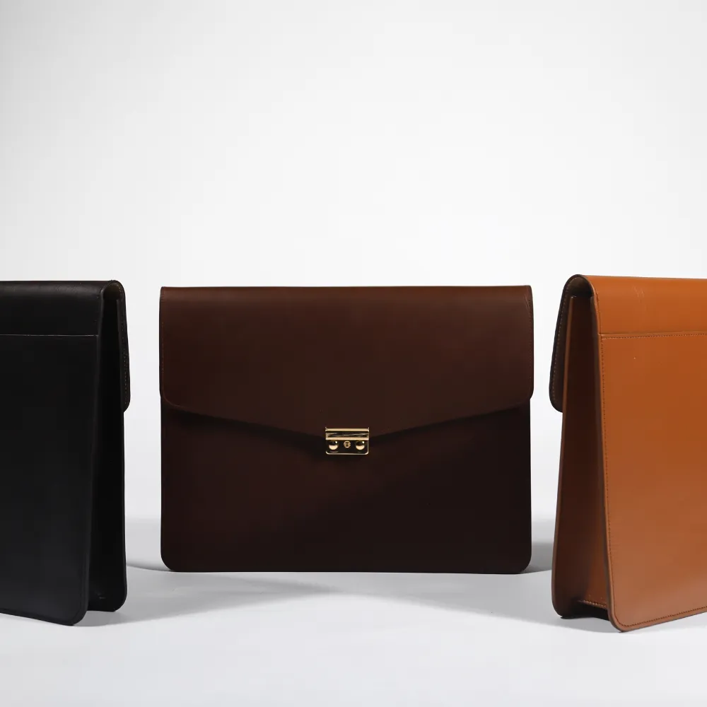 Leather portfolio case exterior slip pocket for documents and tablet quick access