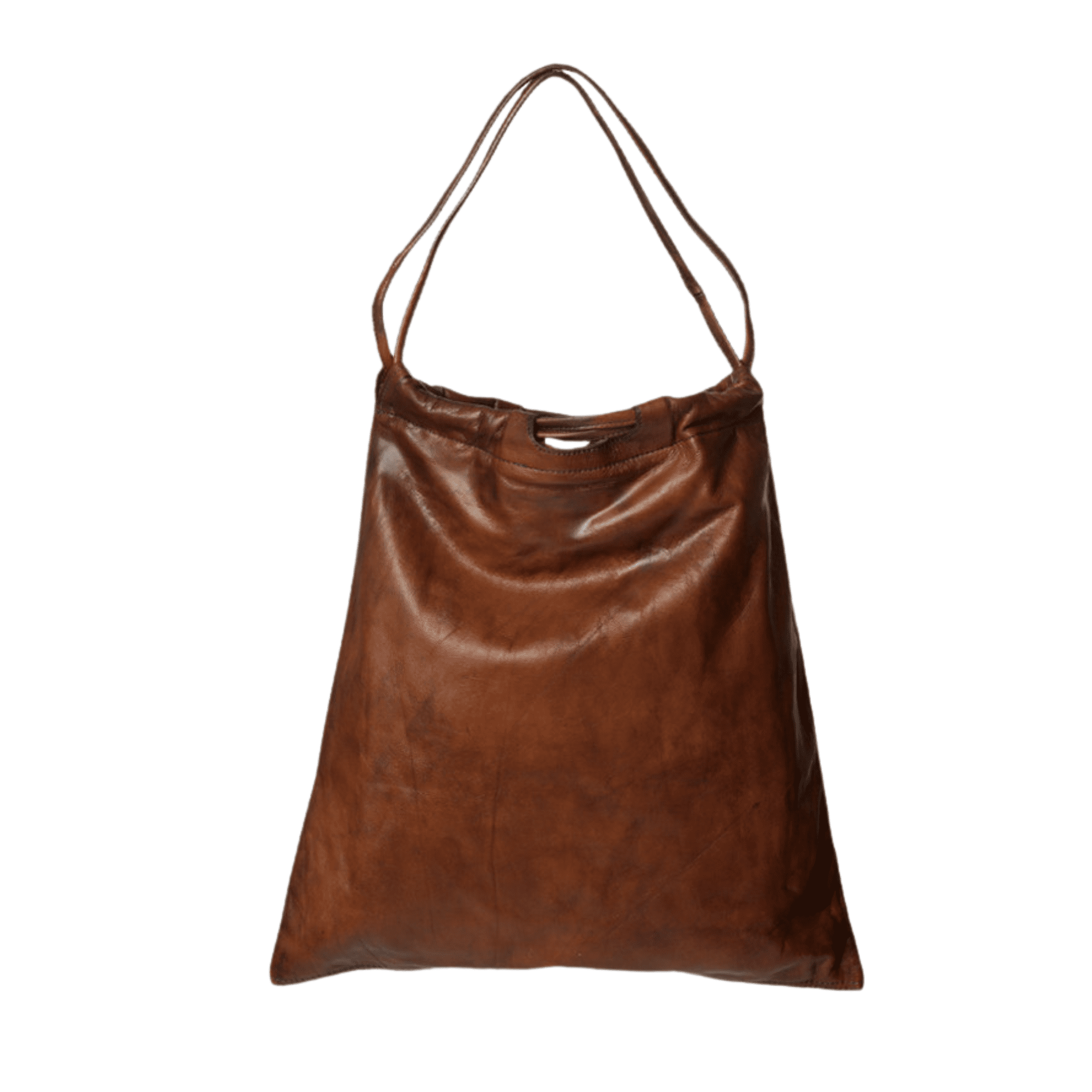 Two‑Way Y2K tote bag in chestnut leather by Levant Leather, versatile convertible bag with cotton lining and elegant aged patina appearance