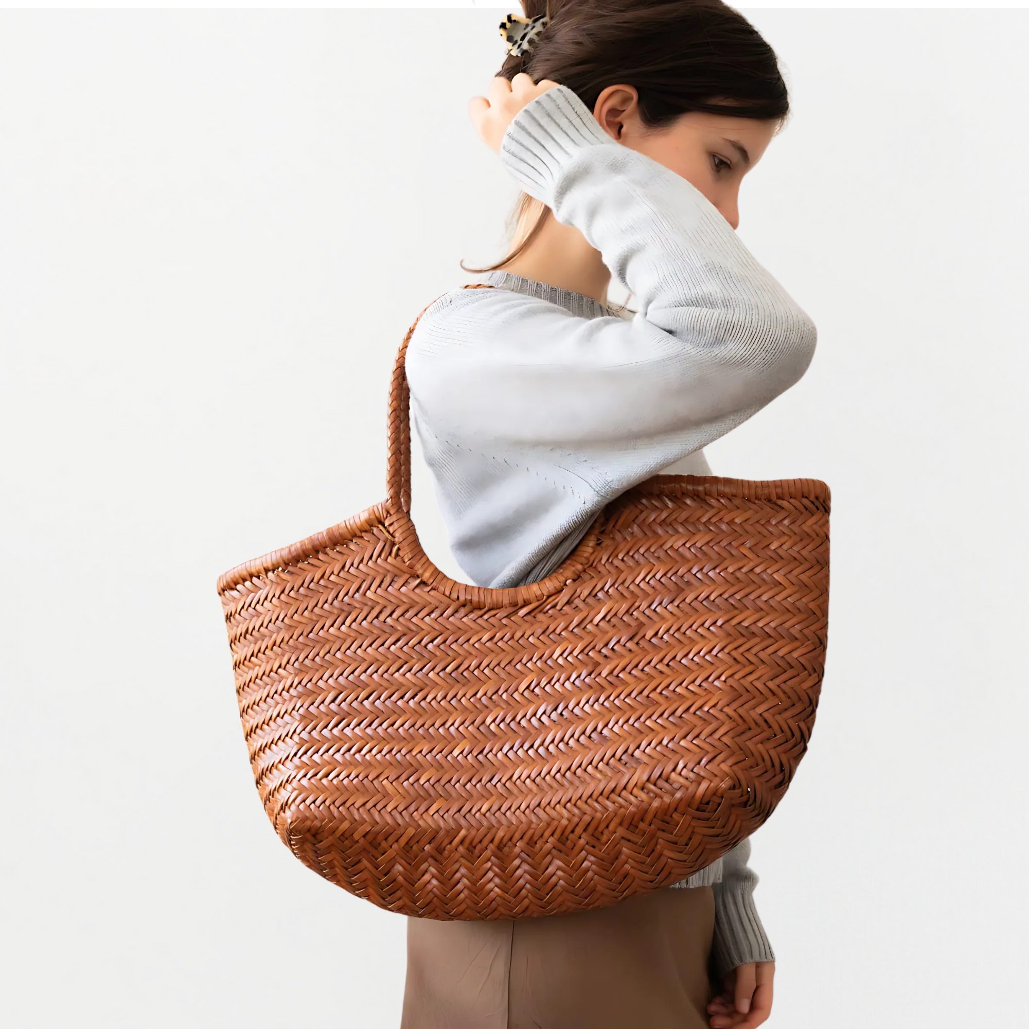 Women Woven Leather Mesh Tote Bag