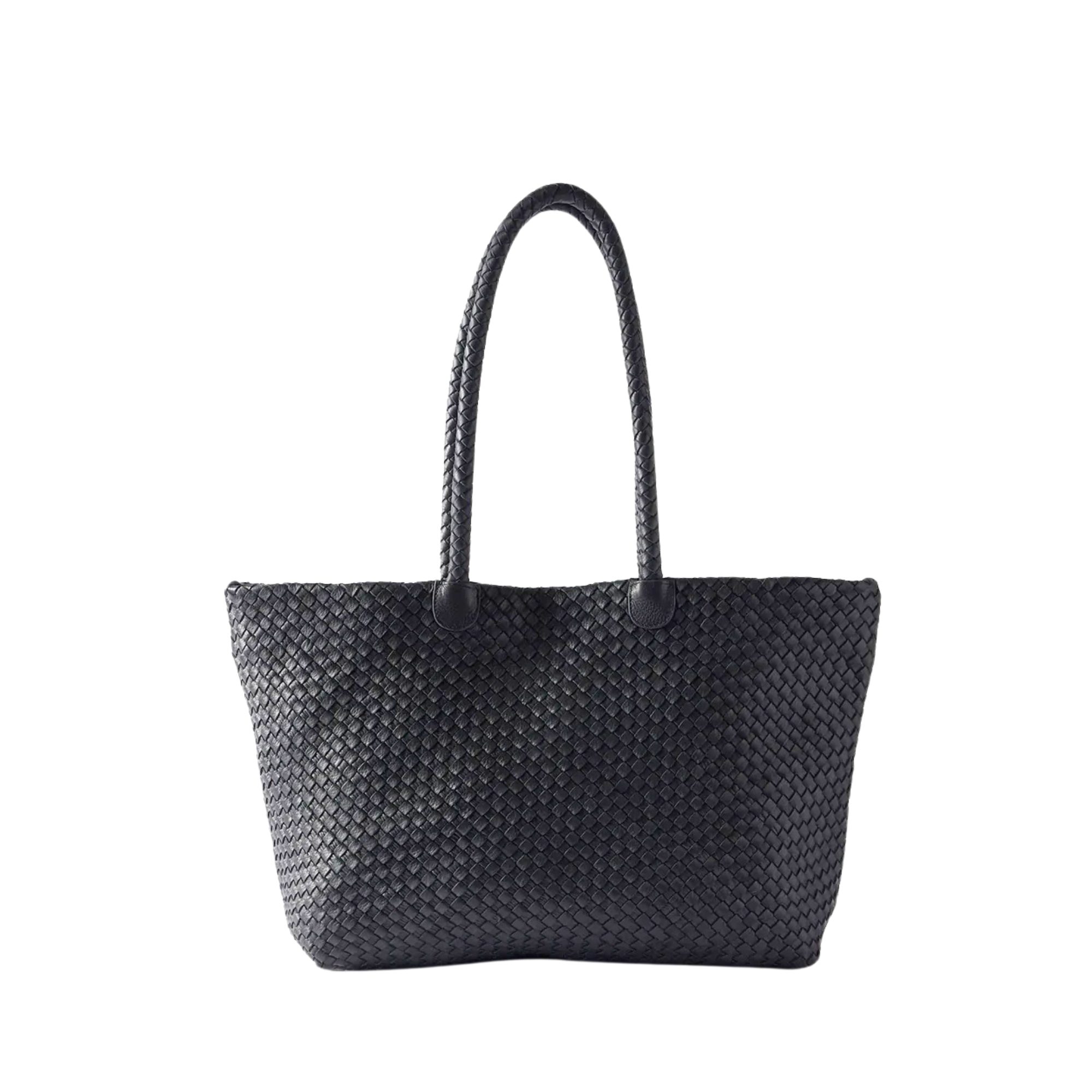 Black Leather Woven Tote Bag