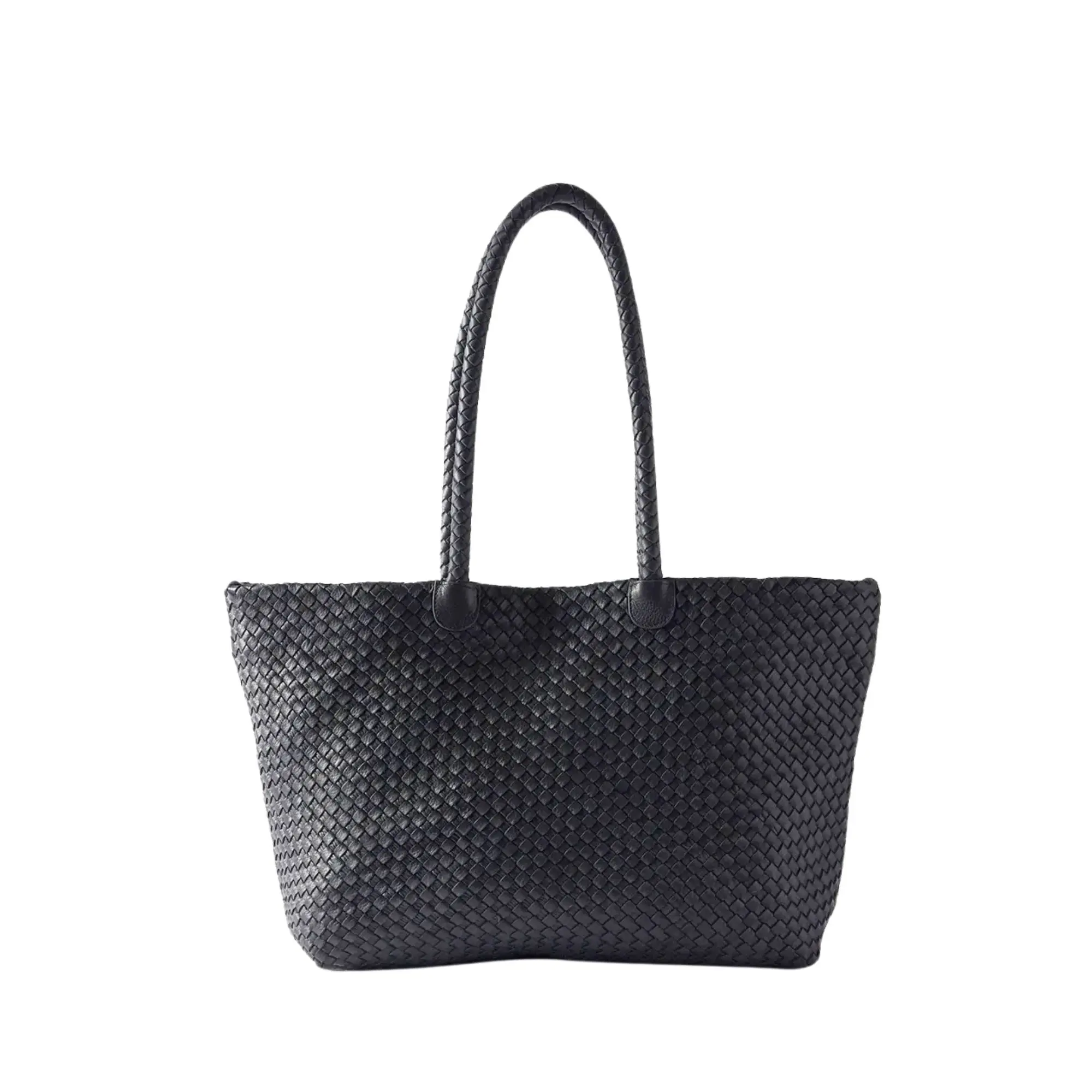 Black Leather Woven Tote Bag