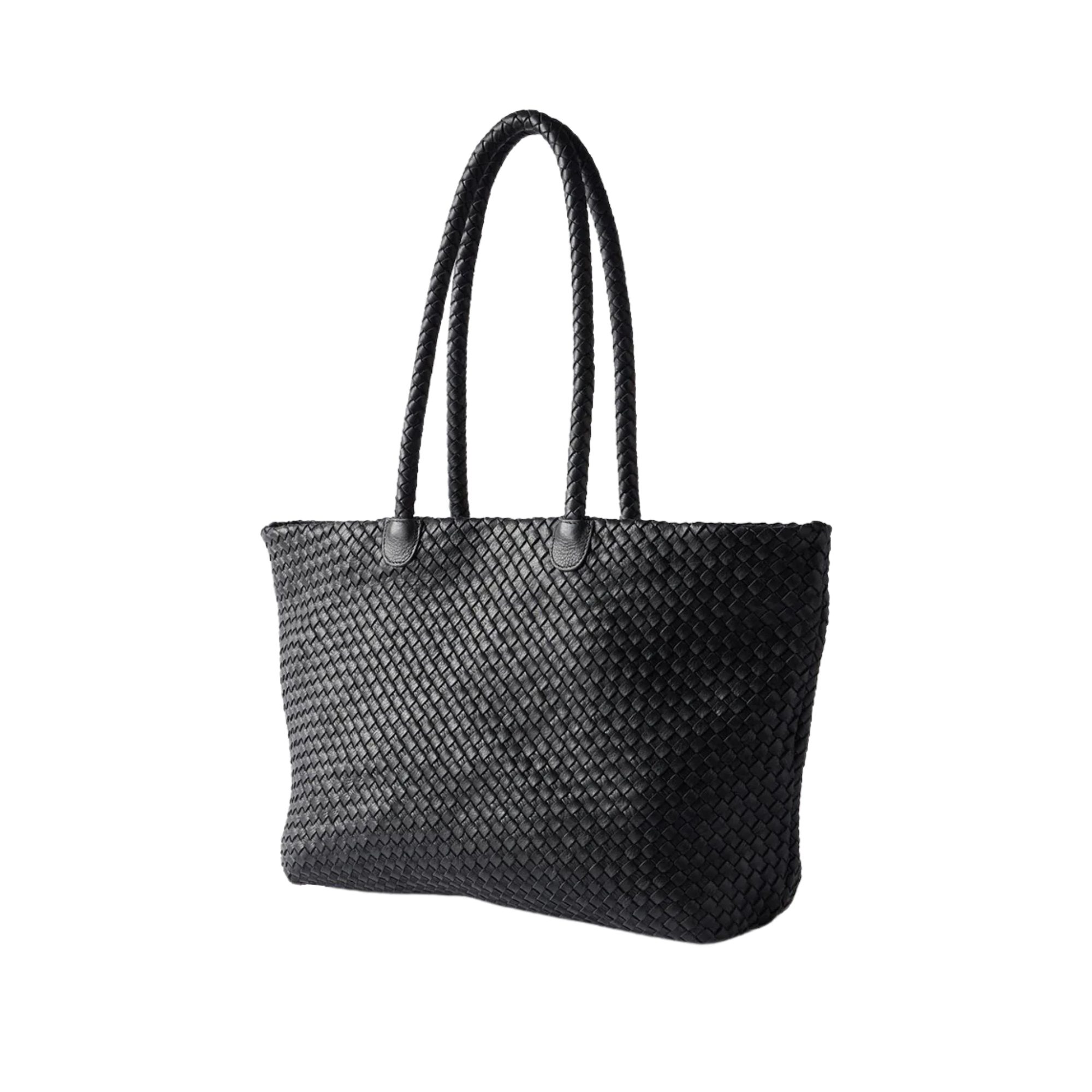 Black Leather Woven Tote Bag