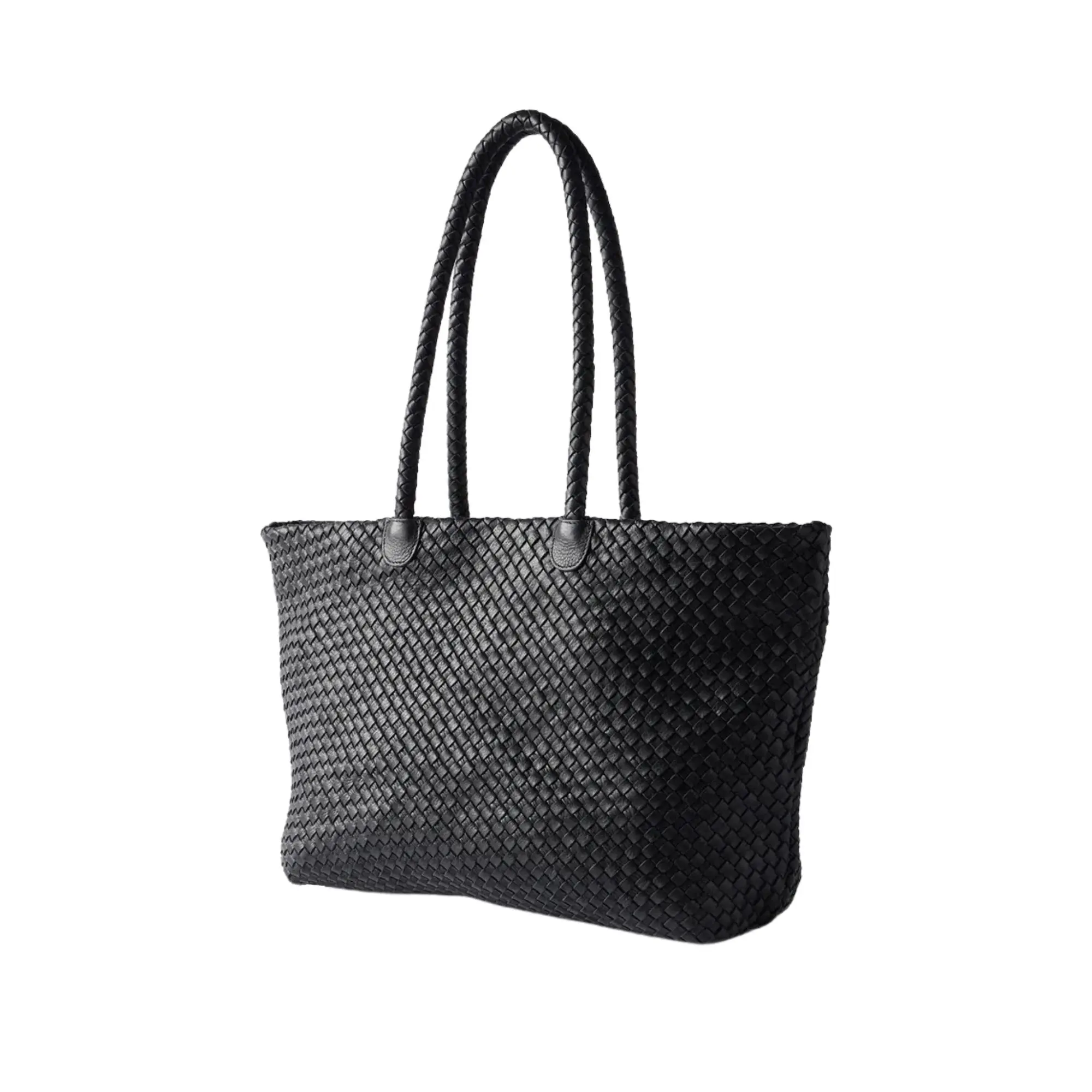 Black Leather Woven Tote Bag