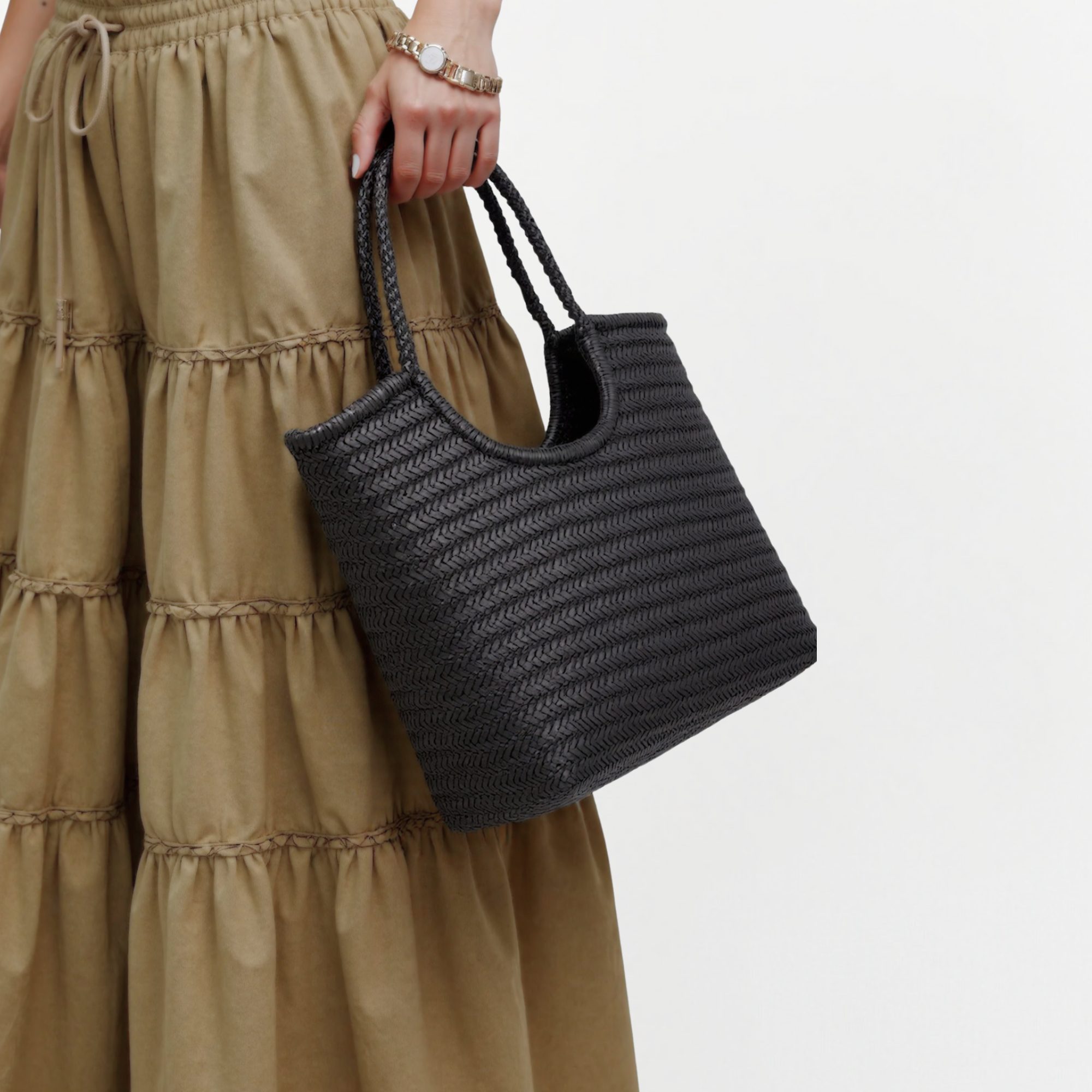 NS Diagonal Triple Jump Black Woven Leather Bag