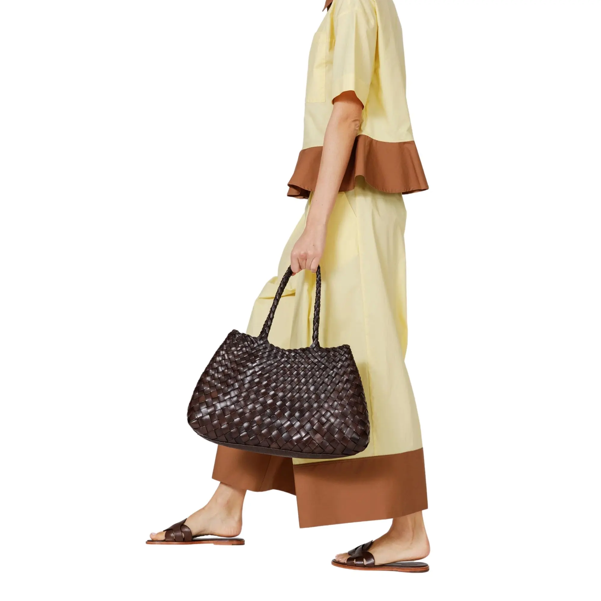 yellow-dress-women-walking-Santa-Croce-Big-Dark-Brown-woven-bag-style