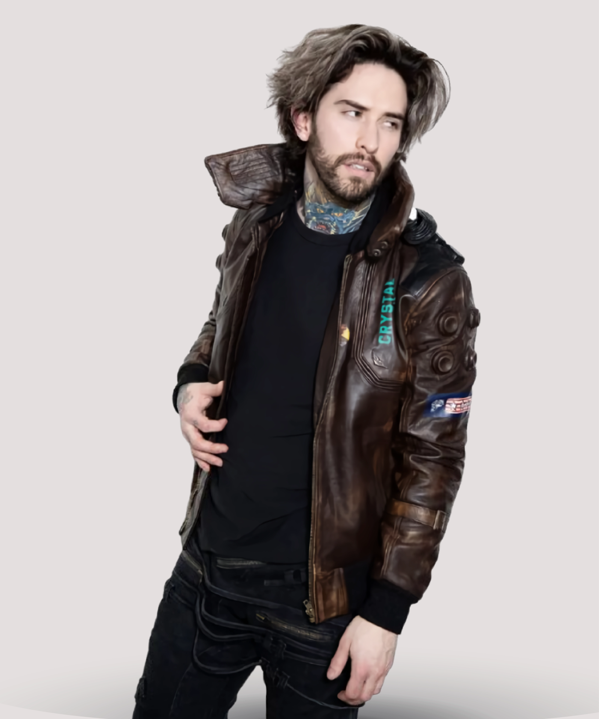 Authentic-Cyberpunk-2077-brown-leather-jacket-showcasing-cyberpunk-style-tall-collar-studded-left-arm-detail-and-multiple-pockets-for-practical-use-scaled.