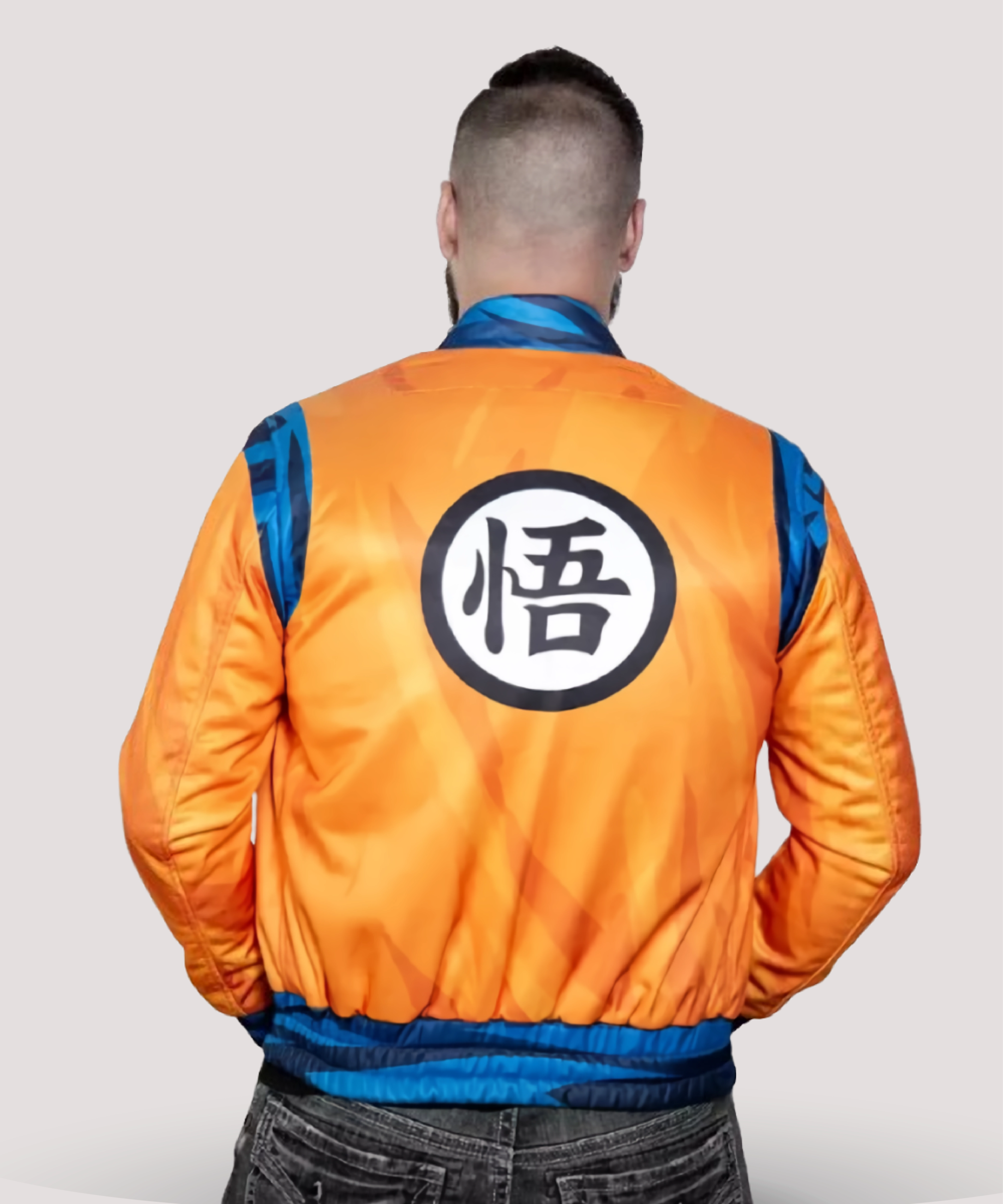 Back-view-of-Mens-Goku-orange-bomber-jacket-with-iconic-Dragon-Ball-Z-logo-combining-bold-anime-aesthetics-and-casual-streetwear-appeal-