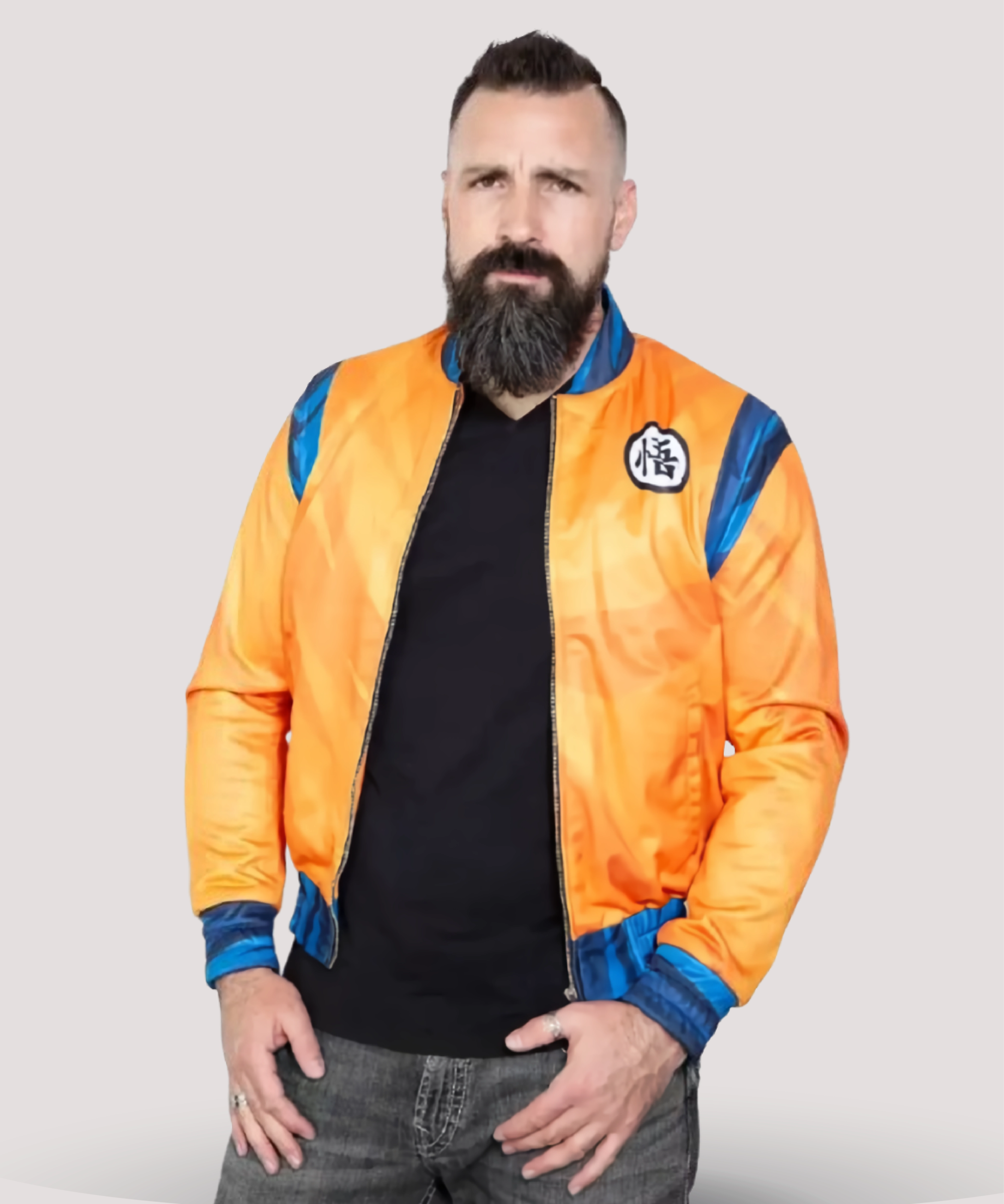 Close-up-of-Goku-bomber-jackets-bright-orange-fabric-and-detailed-embroidery-showcasing-authentic-anime-inspired-style-and-high-quality-craftsmanship