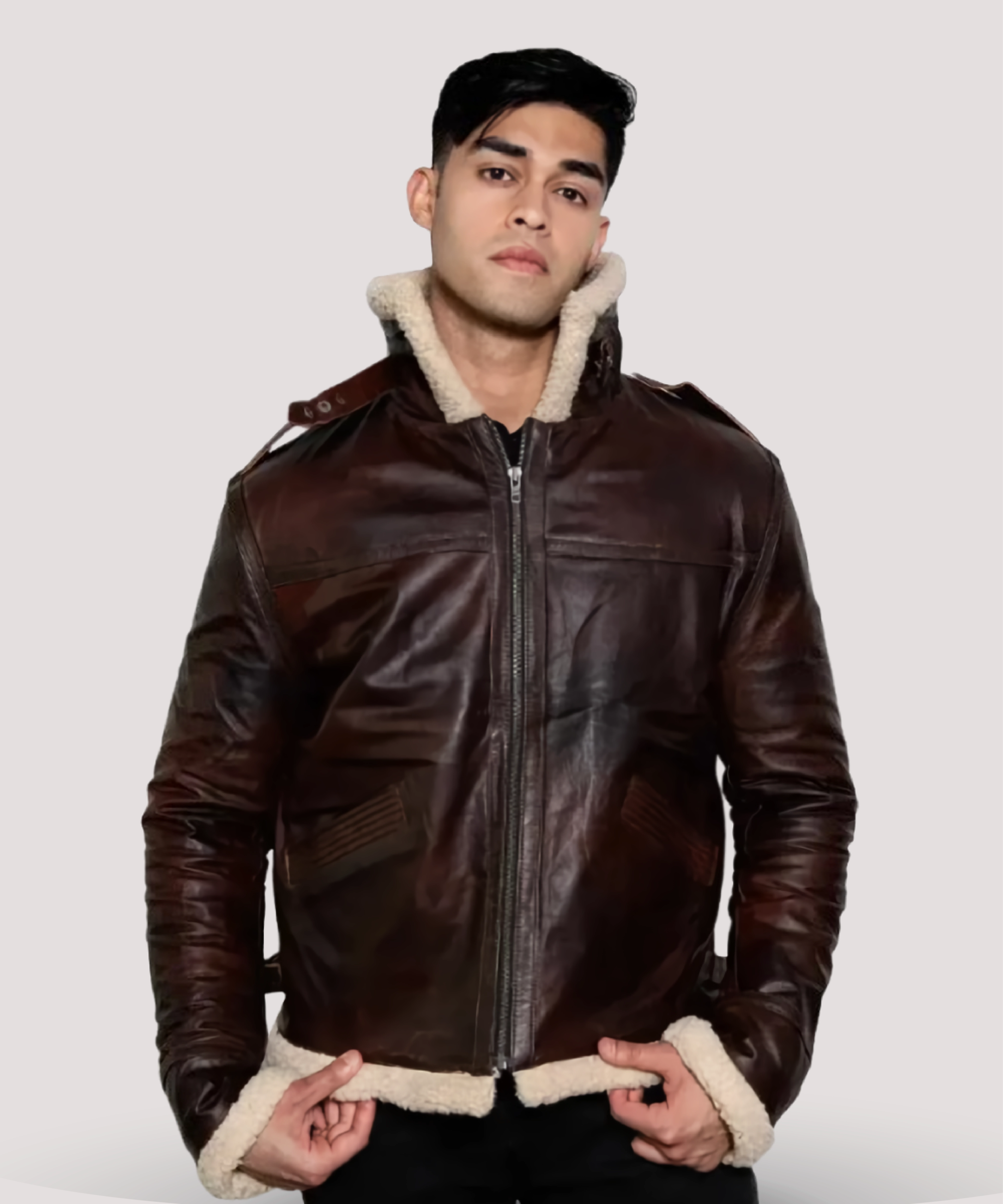 Close-up-of-genuine-sheepskin-leather-texture-on-Leon-Kennedy-jacket-RE4-highlighting-soft-shearling-cuffs-and-rich-dark-brown-color-for-authentic-look
