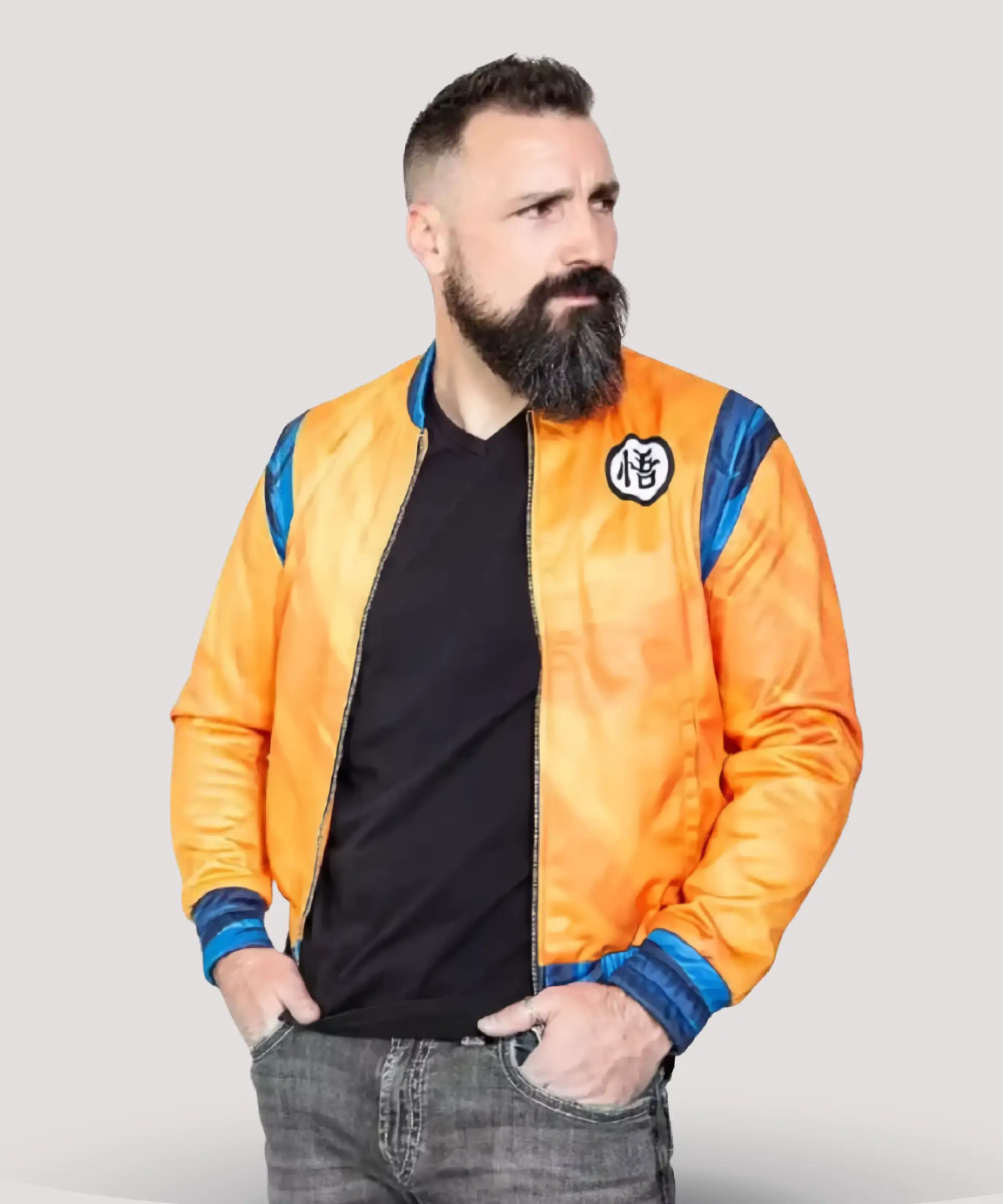 Front-view-of-Mens-Goku-orange-bomber-jacket-inspired-by-Dragon-Ball-Z-featuring-vibrant-colors-and-lightweight-design-perfect-for-anime-fans