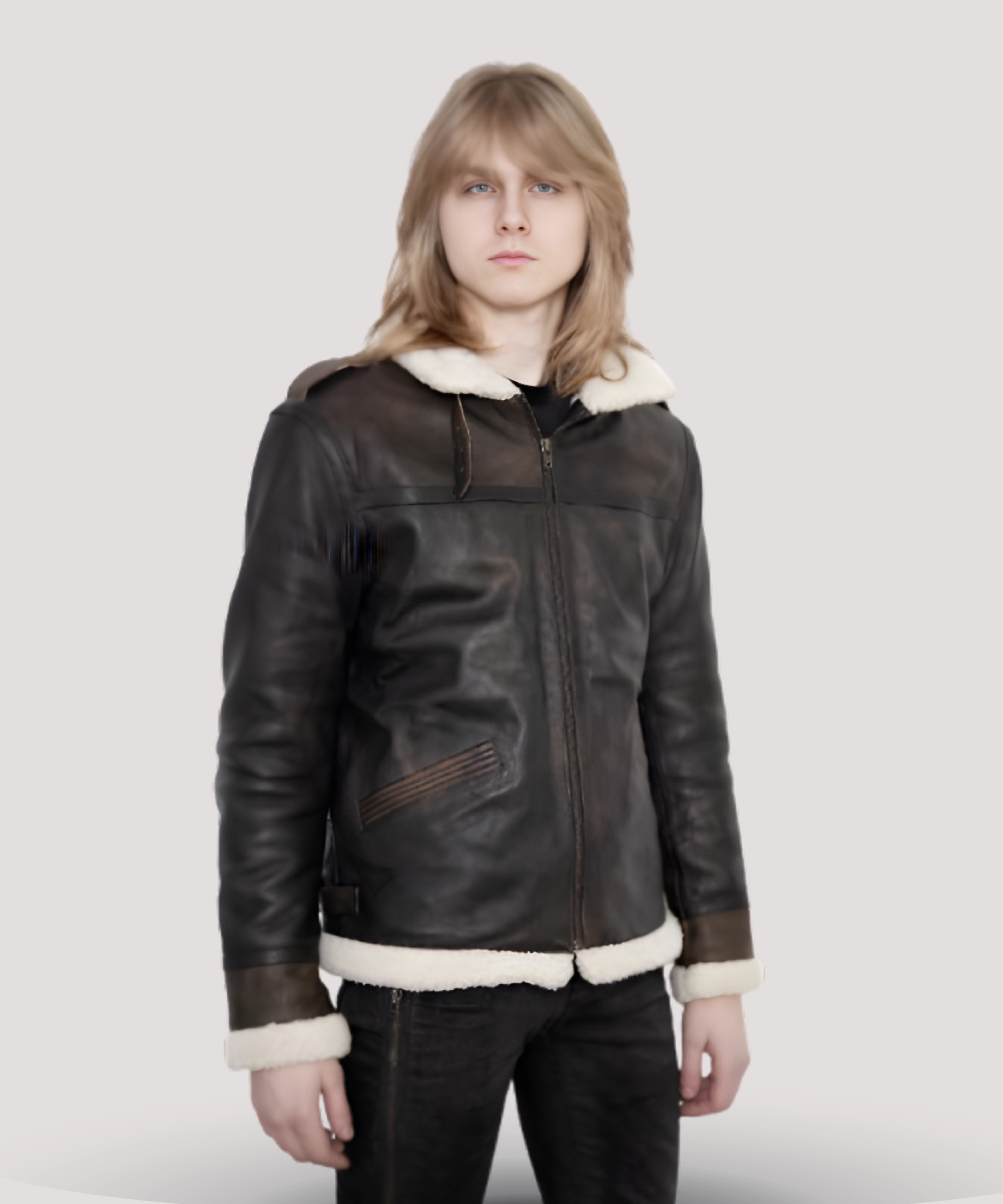 Front-view-of-Mens-Leon-Kennedy-RE4-brown-leather-jacket-with-shearling-collar-showcasing-classic-bomber-style-and-YKK-zipper-closure-for-durable-wear