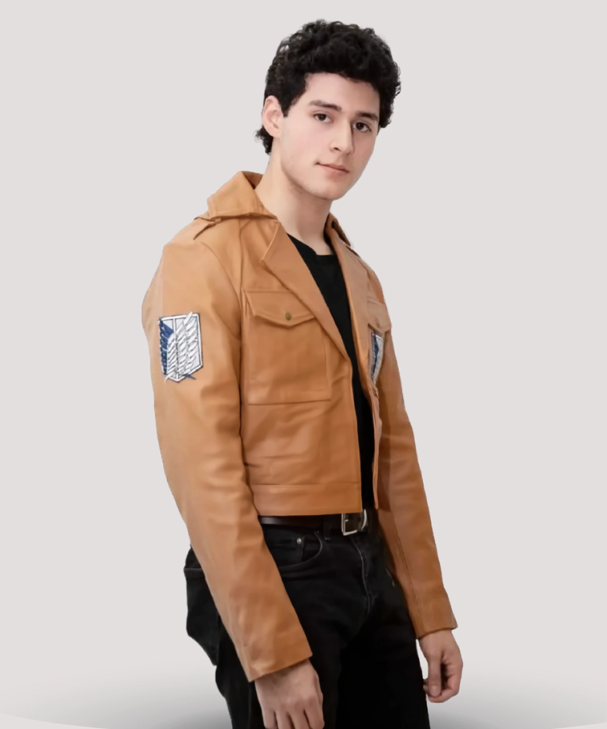 Front-view-of-mens-Attack-on-Titan-jacket-in-brown-leather-featuring-Wings-of-Freedom-patch-and-Scout-Regiment-design-ideal-for-cosplay-or-casual-anime-wear