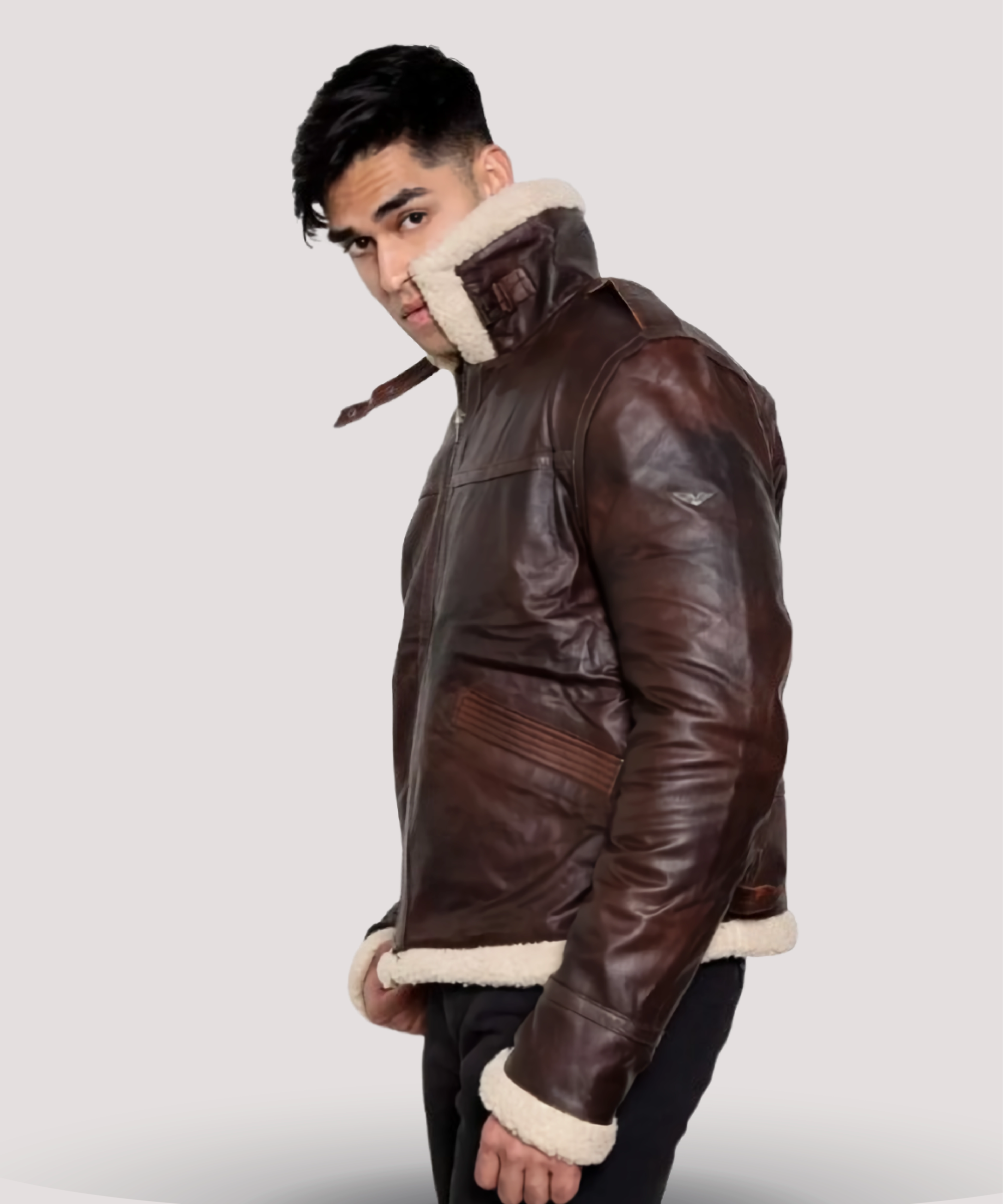 High-quality-craftsmanship-on-Leon-Kennedy-RE4-brown-bomber-jacket-featuring-genuine-sheepskin-leather-and-expert-stitching-details