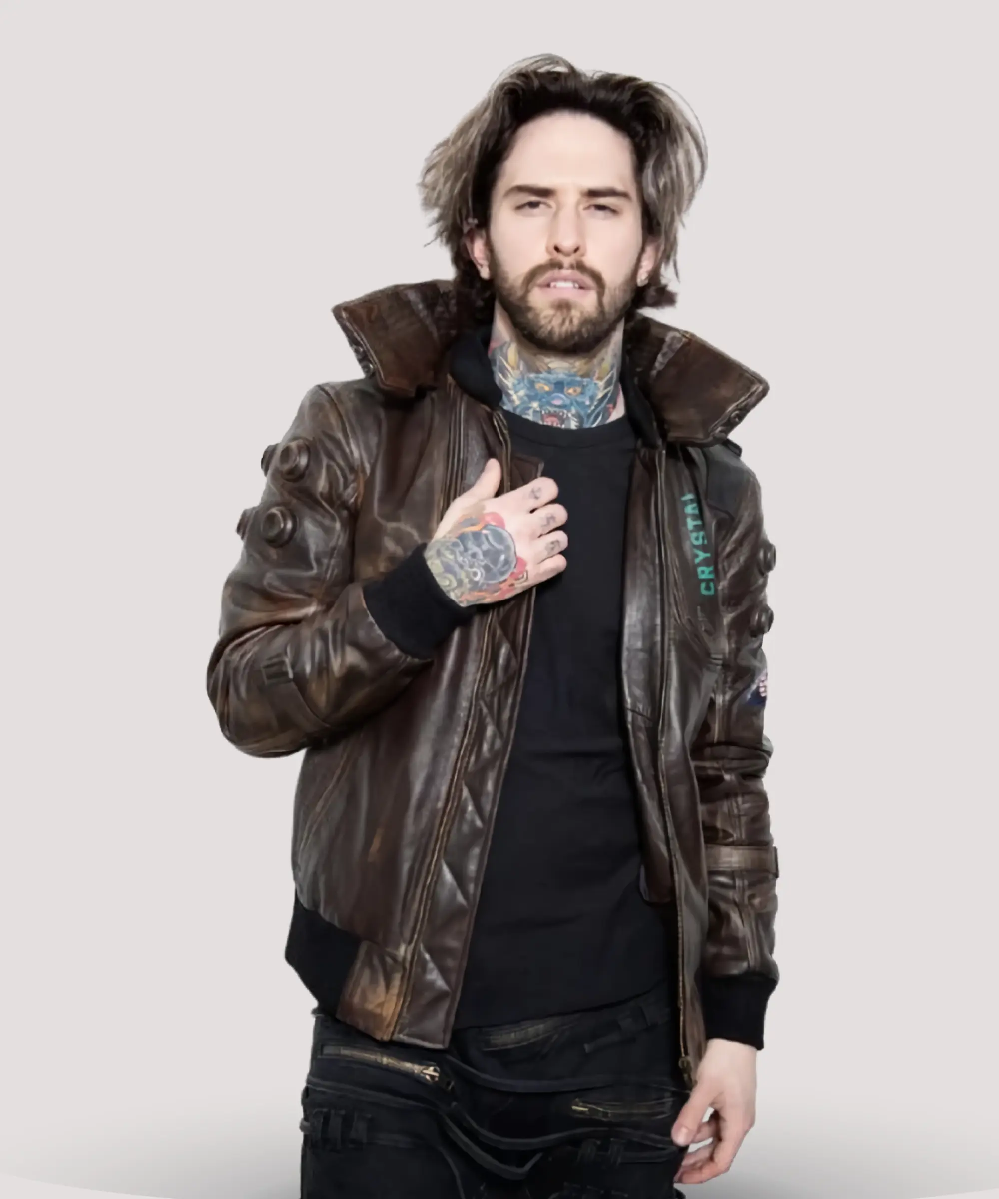 Mens-brown-Cyberpunk-Samurai-bomber-jacket-with-durable-goatskin-leather-front-zipper-closure-rib-knitted-cuffs-and-samurai-demon-print-on-the-back