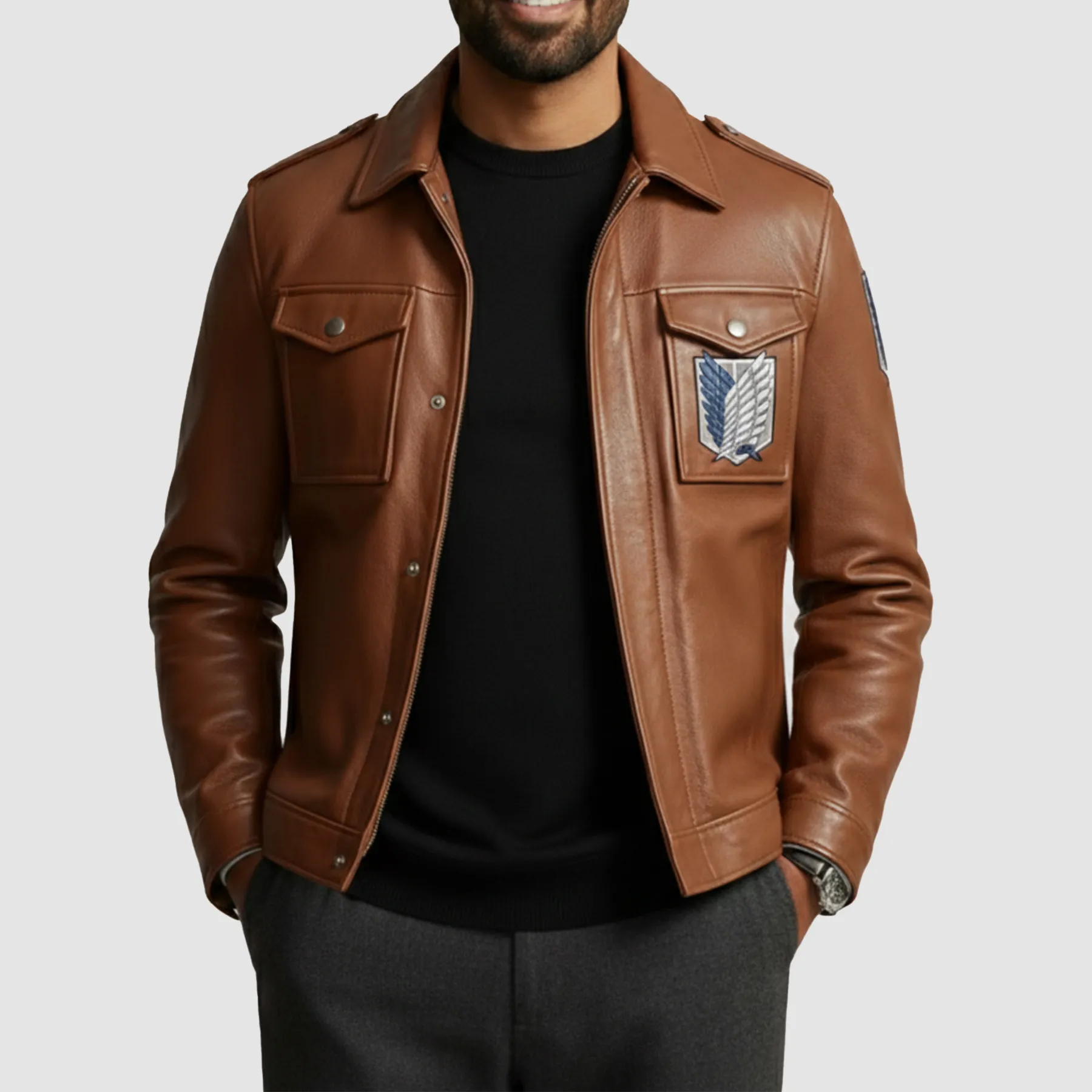 Attack on Titan Jacket for Men – Brown Leather Bomber Style