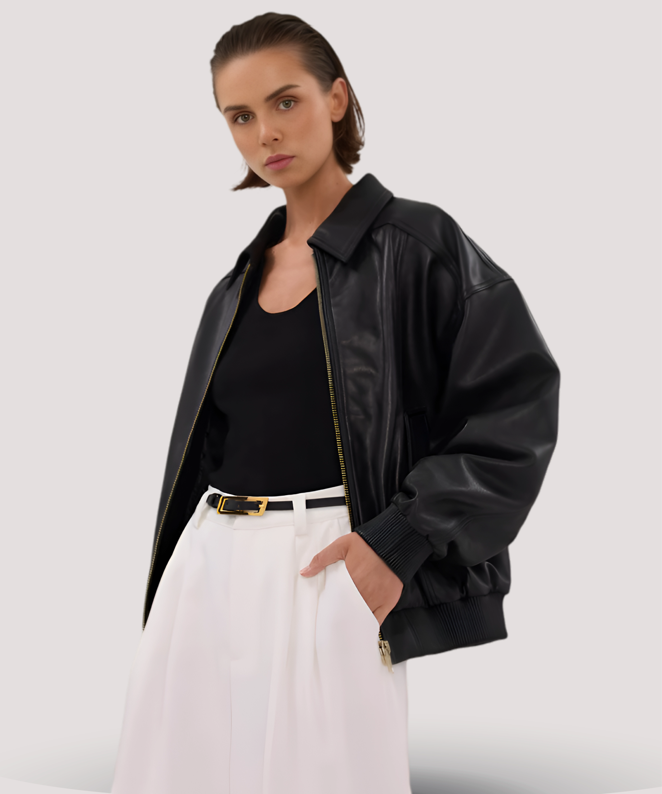 Model-wearing-vintage-oversized-leather-bomber-jacket-brushed-gold-zipper-urban-fashion-leather-bomber-jacket-black-shop-now
