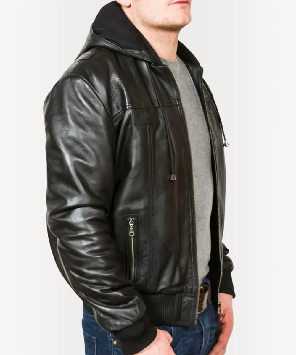 Side-profile-of-mens-black-leather-bomber-jacket-with-hood-slim-fit-cut-durable-full-grain-leather-casual-street-style-with-modern-edge