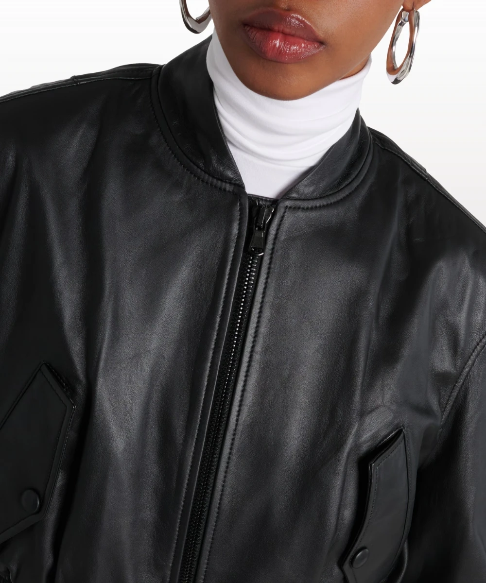 Cropped leather bomber jacket paired with midi skirt and ankle boots for fall outfit idea