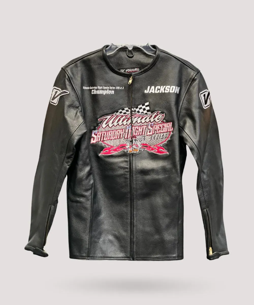 Close-up view of a leather go-kart racing jacket showing premium stitching and design.