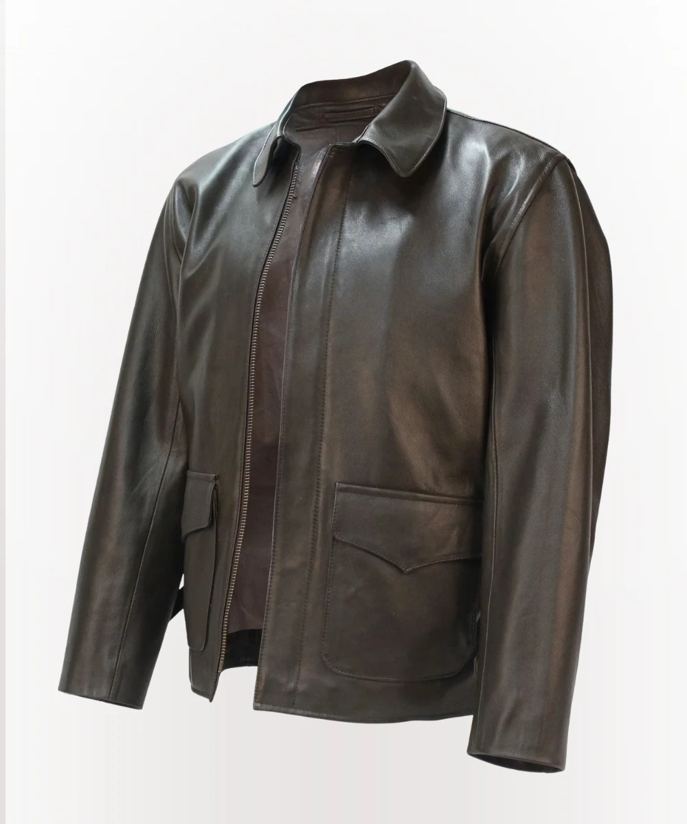 Indiana Jones leather jacket side view showing action pleats and A-2 bomber style silhouette