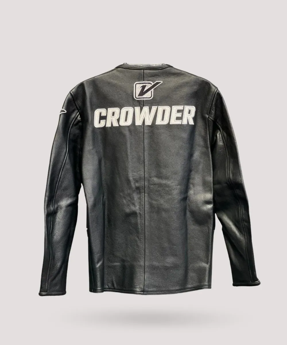 Go-kart racer wearing a leather jacket, mid-race, with visible motion blur for added action.