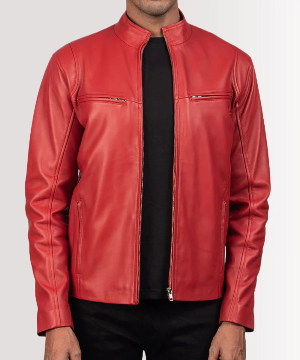 Close-up of MatPat’s red leather jacket showing glossy texture and detailed stitching