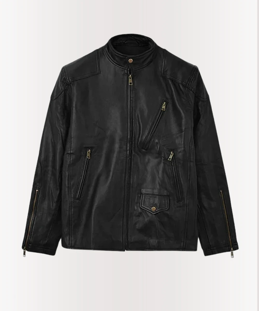 Front view of the Tom Hardy Venom leather jacket with zip-up closure