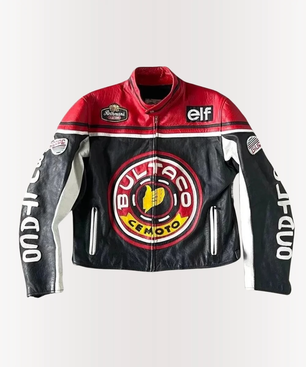 Vintage Bultaco Cemoto jacket Front view showing yellow and red racing stripes on black leather