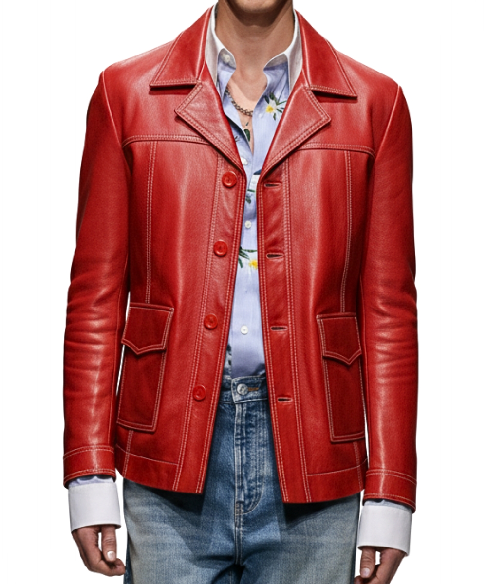 Front view of red leather jacket mens outfit with button closure
