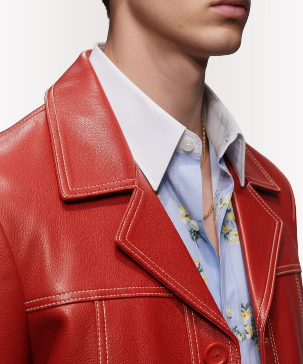 Men wearing red leather jacket mens style inspired by fight club jacket red