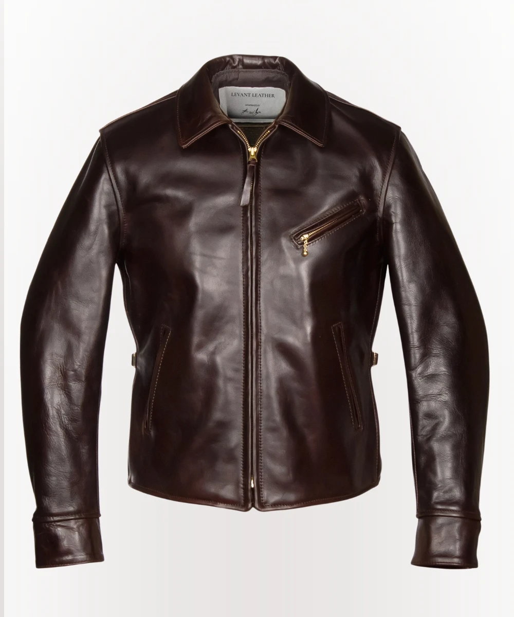 Front view of a brown 1930s half belt leather jacket showing classic zip closure and chest pocket.