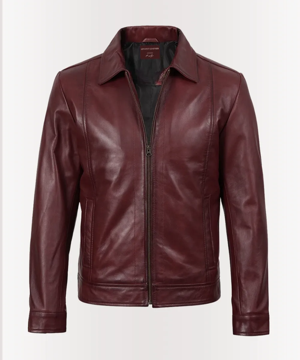 Smart casual burgundy leather jacket styled with jeans and white shirt