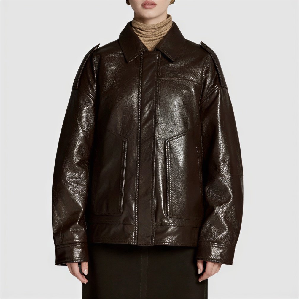 Brown Vintage Leather Bomber Jacket For Women
