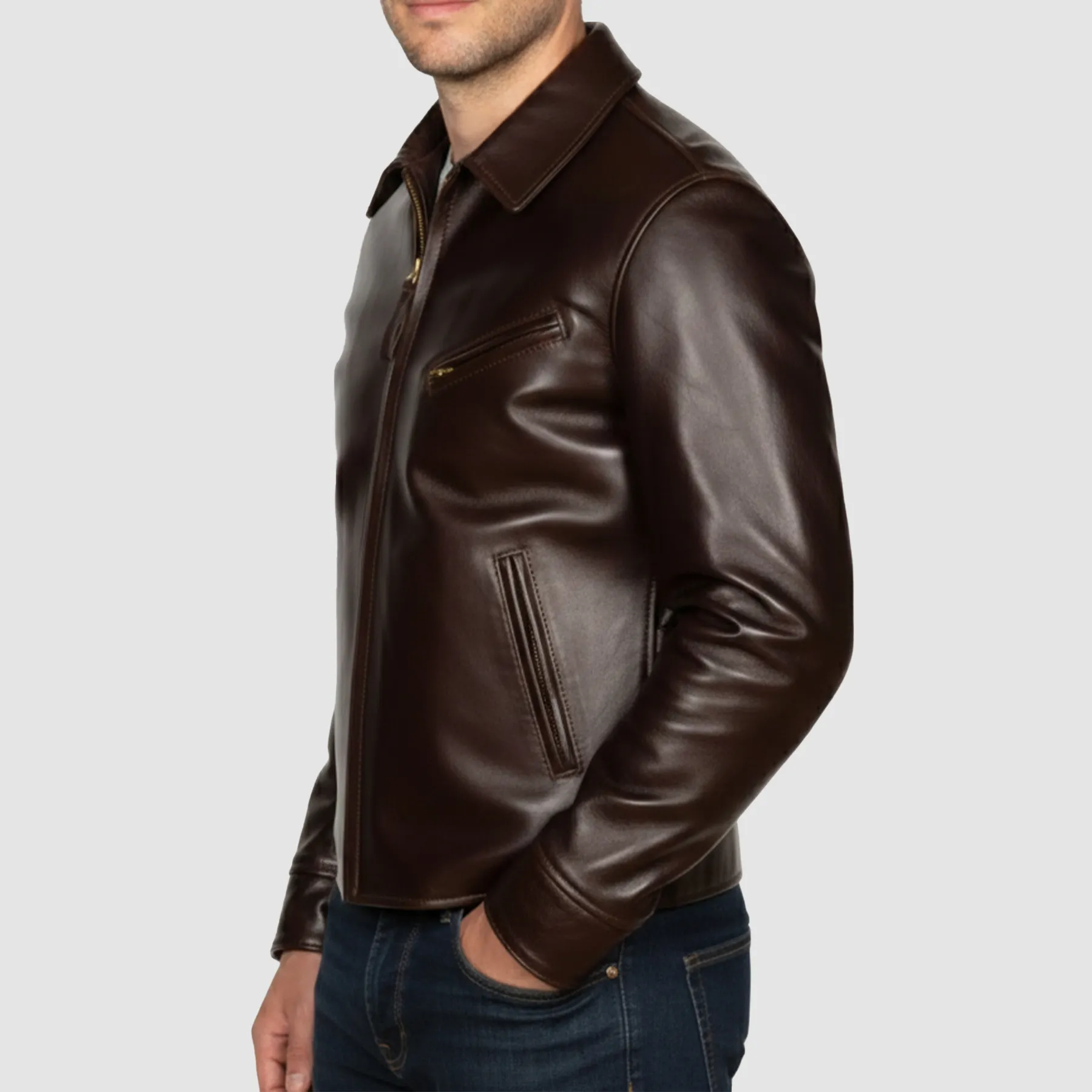 Mens-1930s-half-belt-leather-jacket-Side-view-Brown.