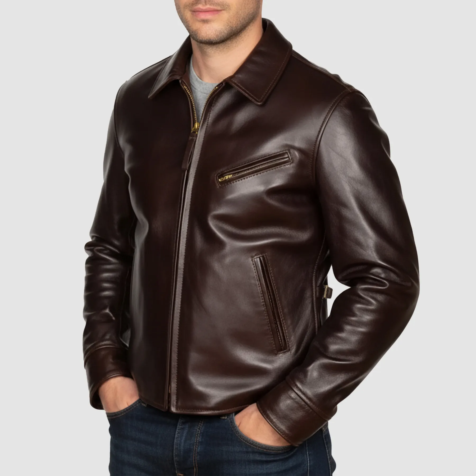 Mens-1930s-half-belt-leather-jacket-front-view-Brown