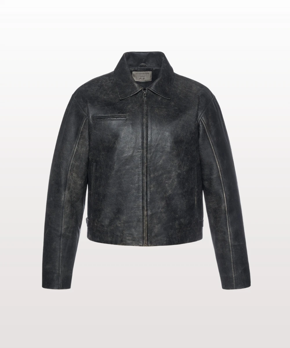Side profile of black suede leather jacket showing slim cut and sleeve detail