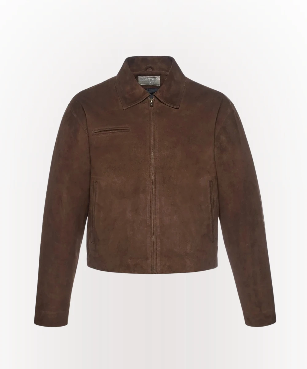 women wearing a brown suede leather jacket standing confidently, showing full front view and classic zip closure.