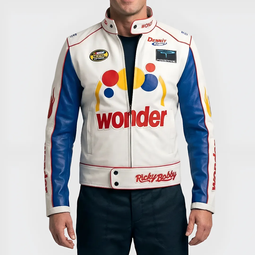 Ricky Bobby Talladega Nights jacket front view with white and blue racing design