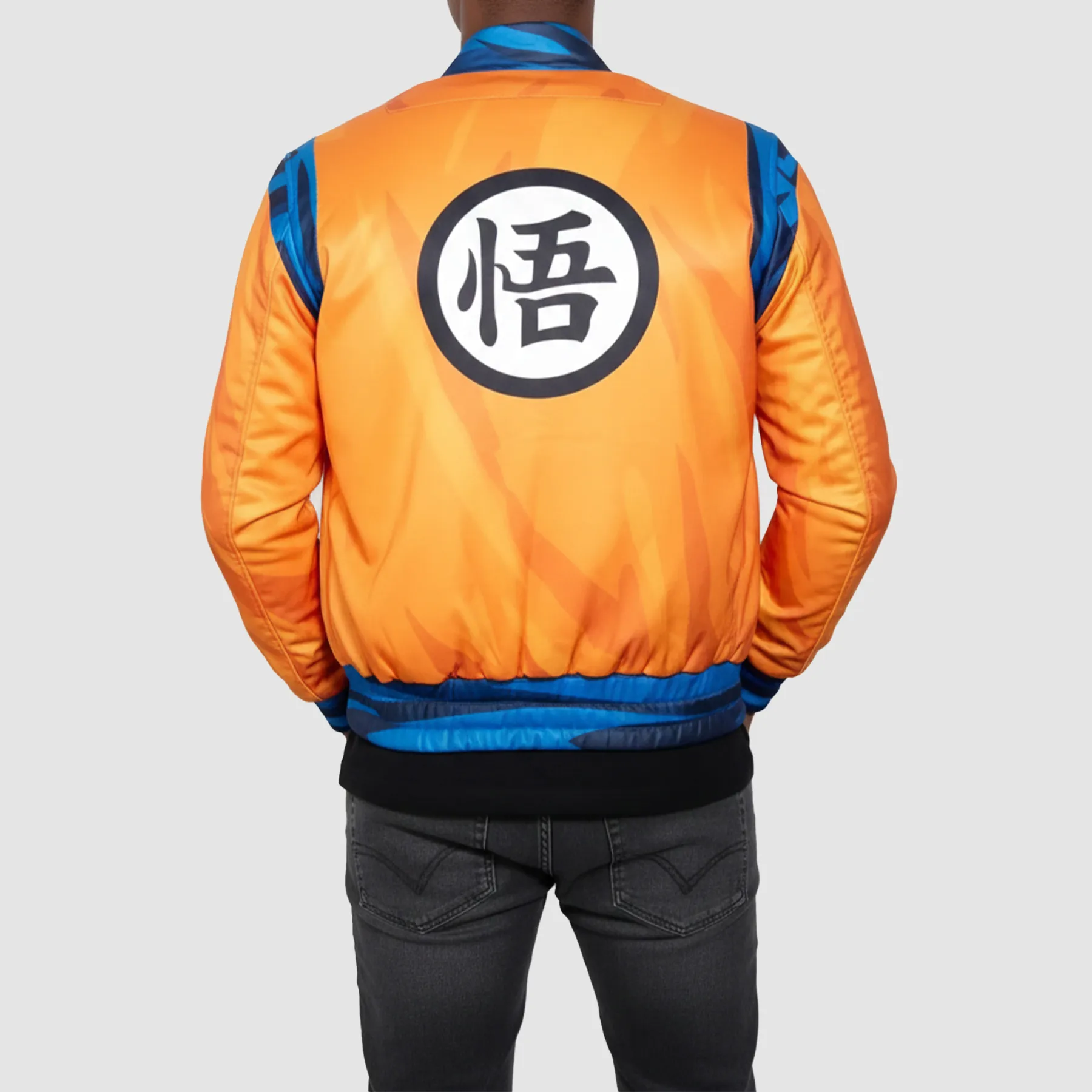 Back-view-of-Mens-Goku-orange-bomber-jacket-with-iconic-Dragon-Ball-Z-logo-combining-bold-anime-aesthetics-and-casual-streetwear-appeal
