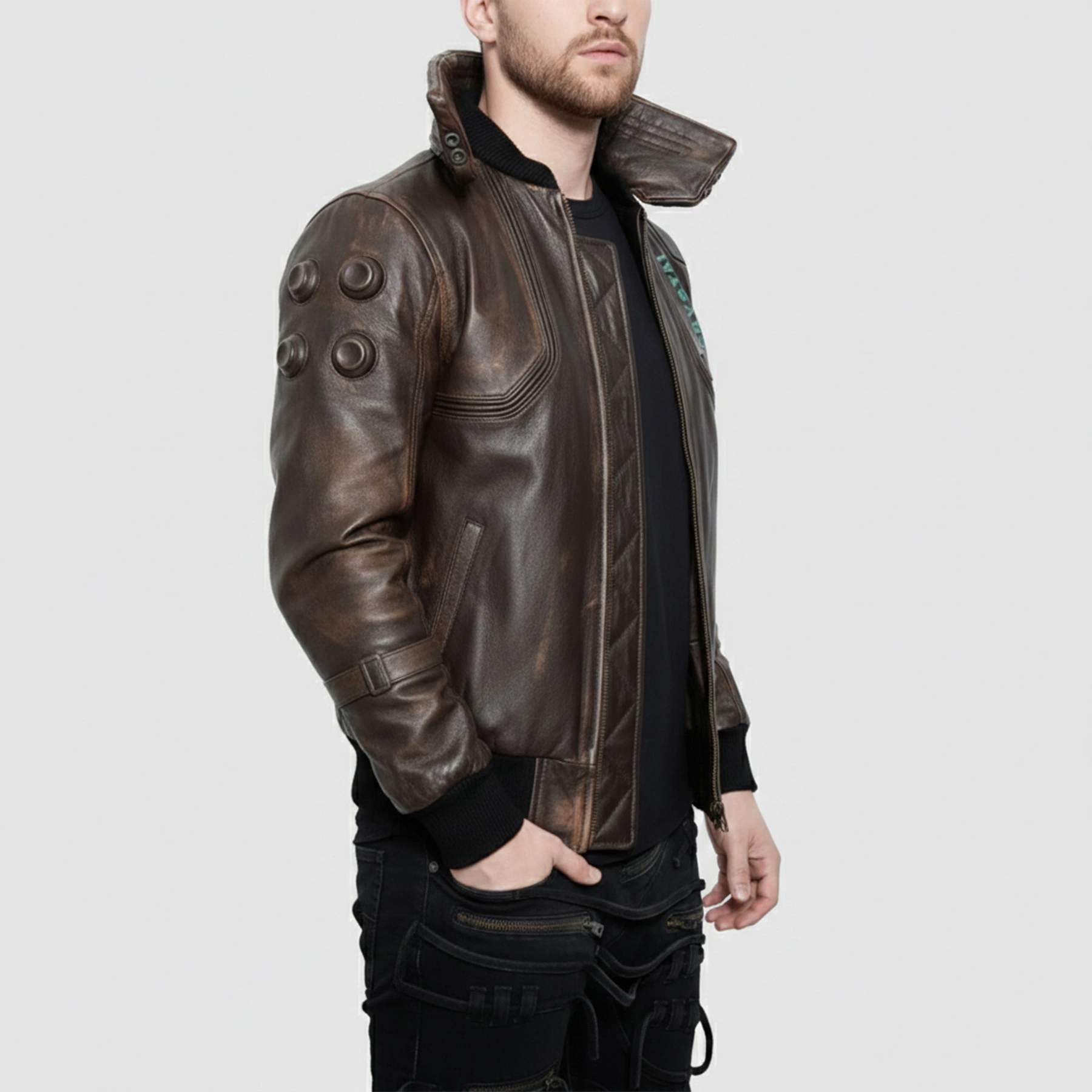 Brown-Cyberpunk-Samurai-Jacket-featuring-leather-bomber-style-cyberpunk-2077-inspired-design-and-iconic-samurai-printed-collar-for-mens-streetwear-fashion