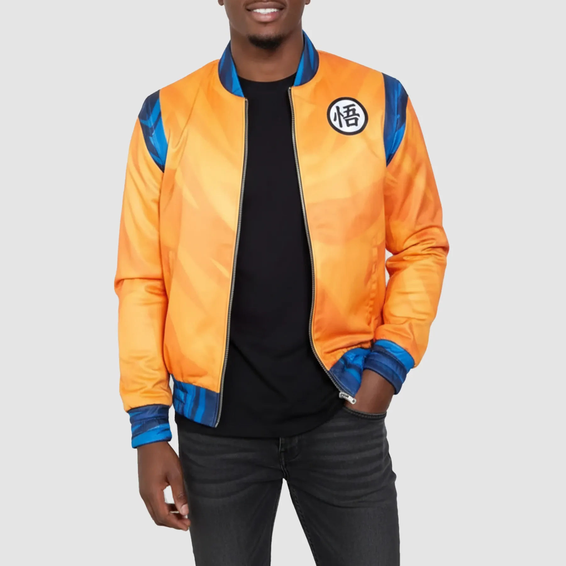 Front-view-of-Mens-Goku-orange-bomber-jacket-inspired-by-Dragon-Ball-Z-featuring-vibrant-colors-and-lightweight-design-perfect-for-anime-fans.
