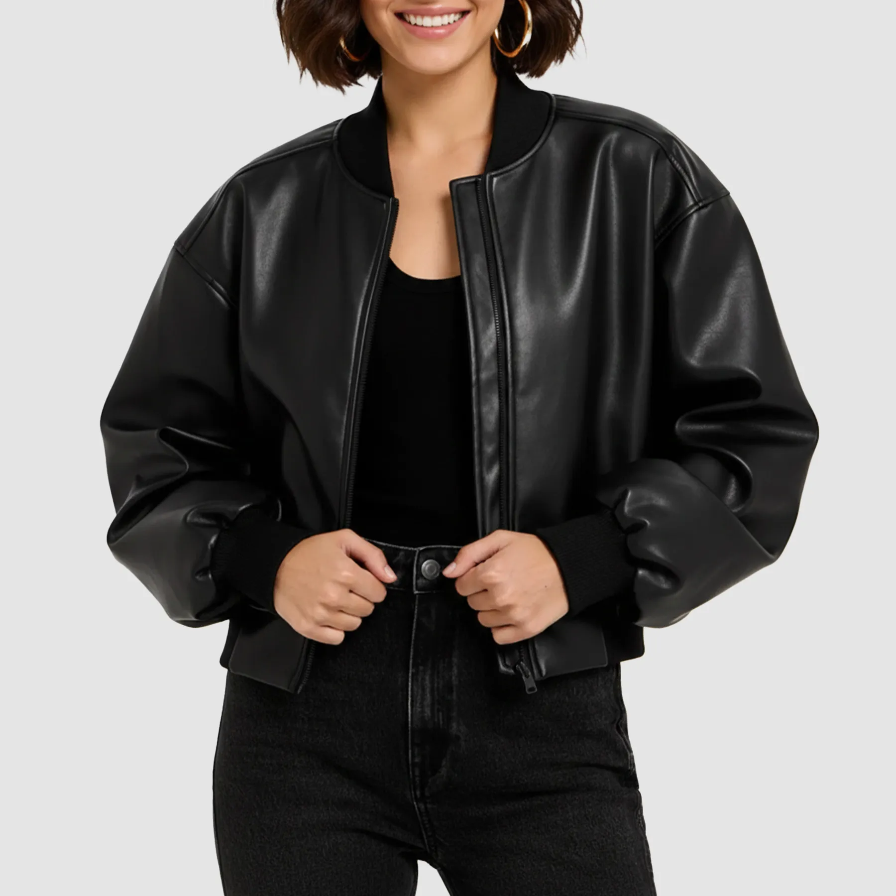 Sandra-Bullock-black-leather-bomber-jacket-with-front-zipper-and-ribbed-trim-ideal-for-women-seeking-classic-and-trendy-black-leather-outerwear-pieces.