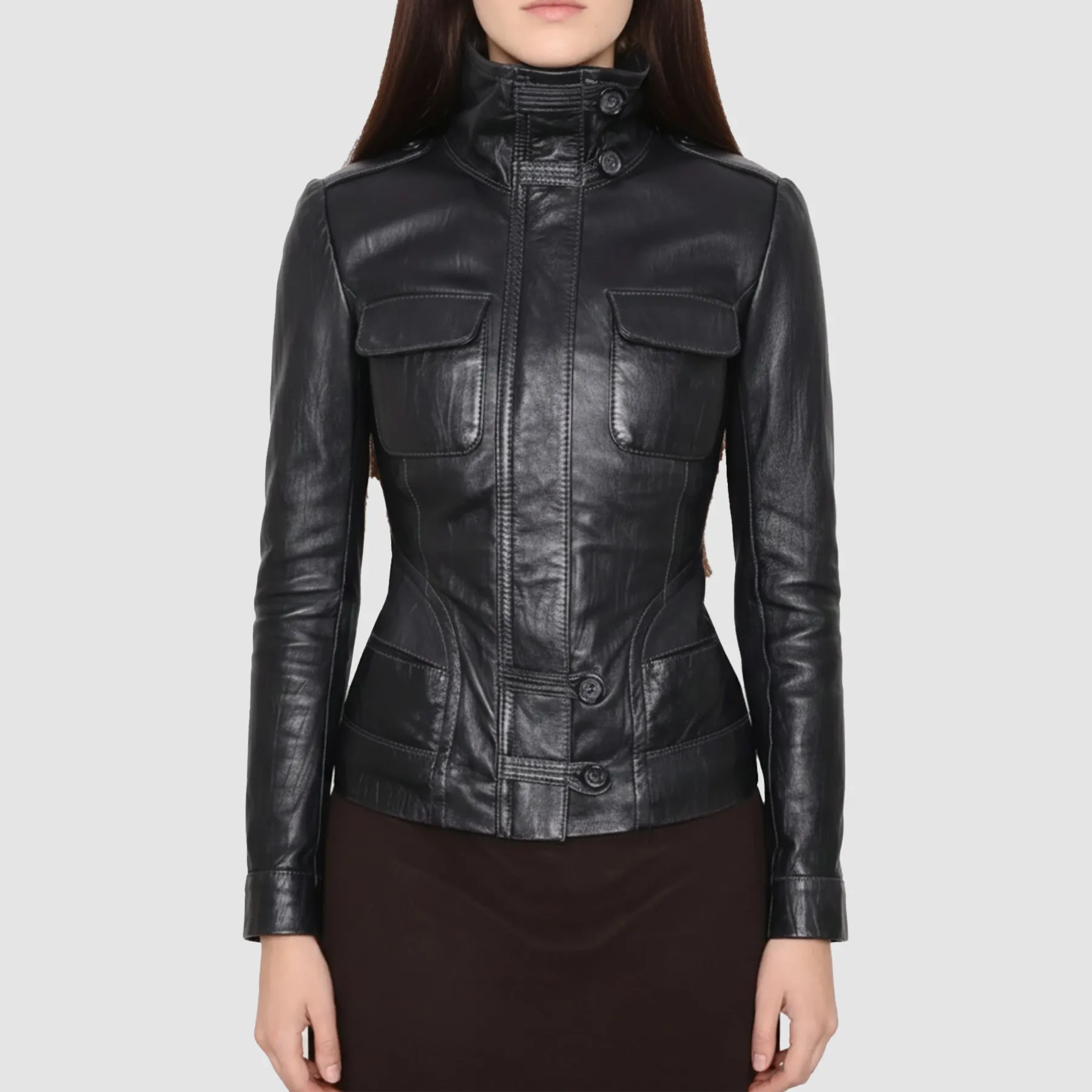 Y2K black leather moto jacket shown from the front with asymmetrical zipper and structured collar.