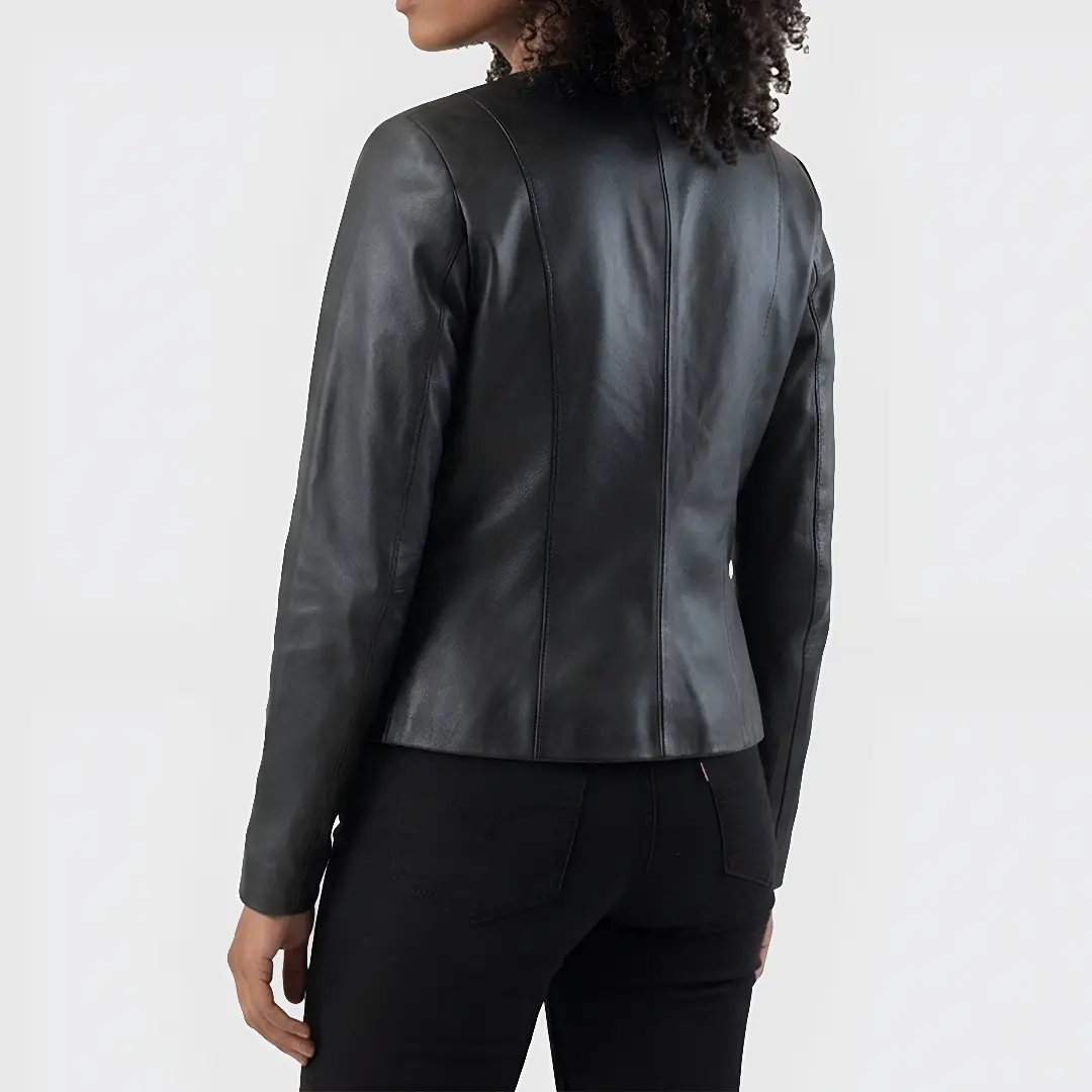 Back view of black collarless jacket showing smooth leather finish and minimalist design
