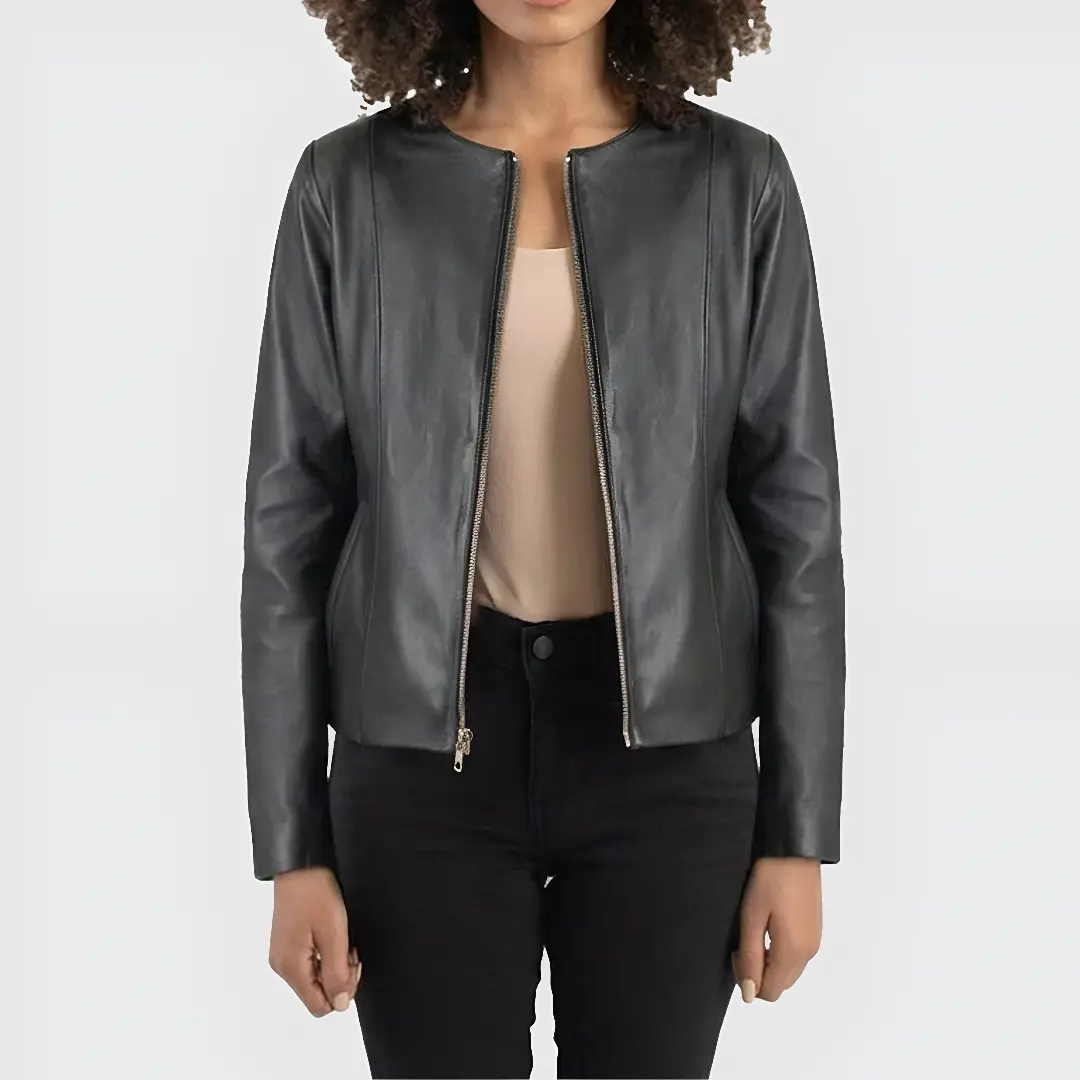 Black collarless leather jacket front view with sleek zipper design and minimalist moto style