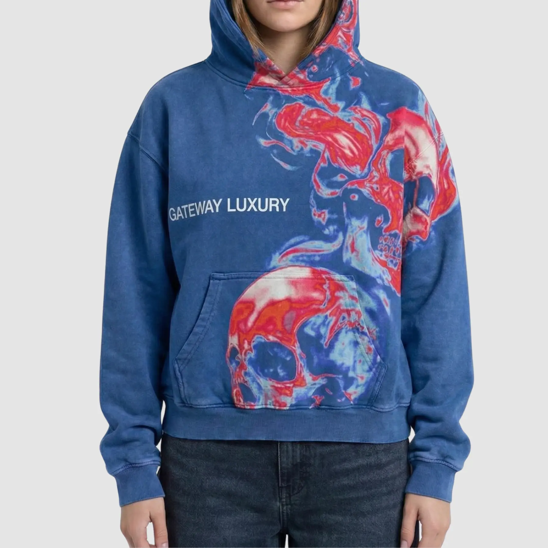 gateway-luxury-hoodie-blue-view-skully-design Blue view of Gateway Luxury hoodie featuring skully graphic design