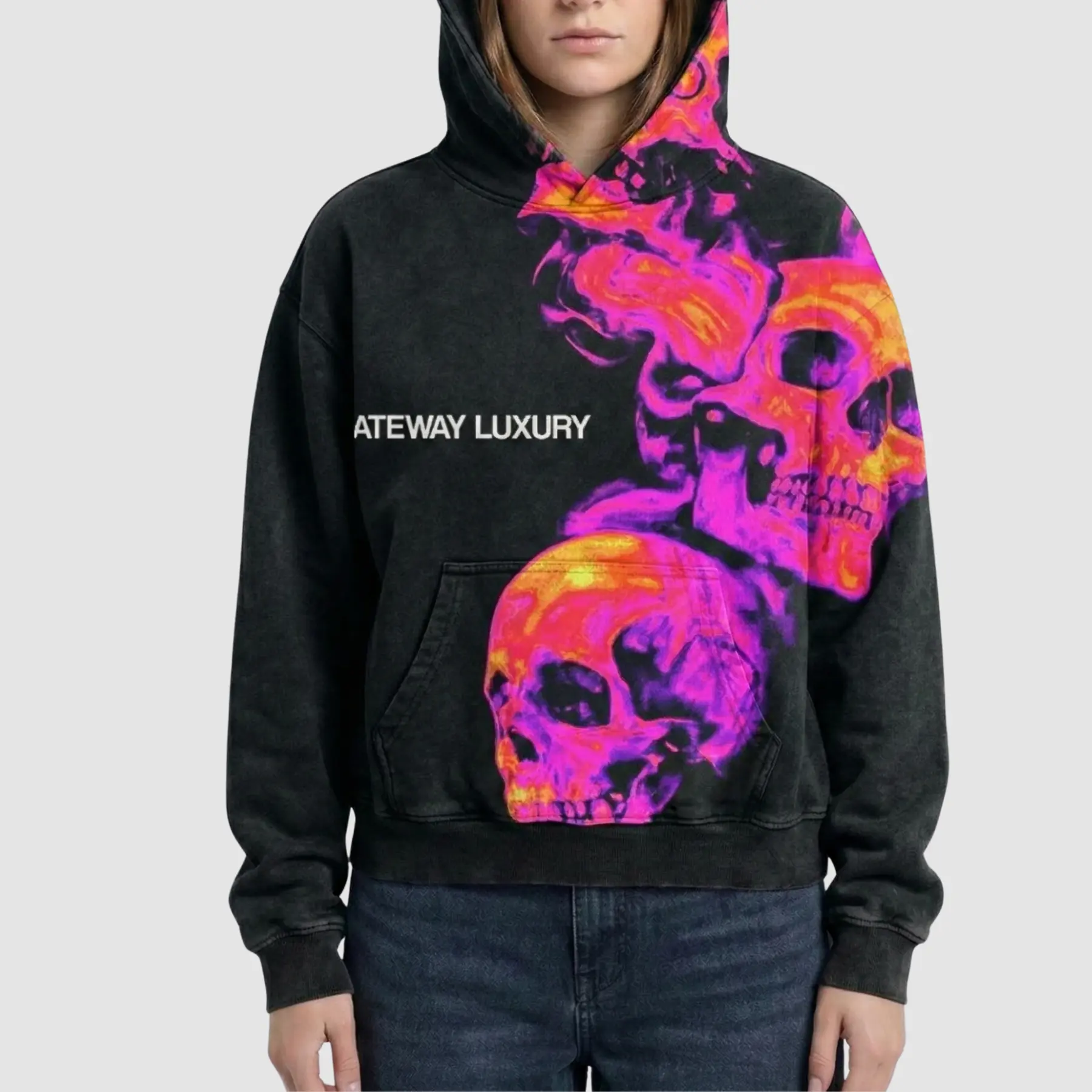 gateway-luxury-skully-black-hoodie-street-style Gateway Luxury skully black hoodie styled with jeans for urban streetwear look