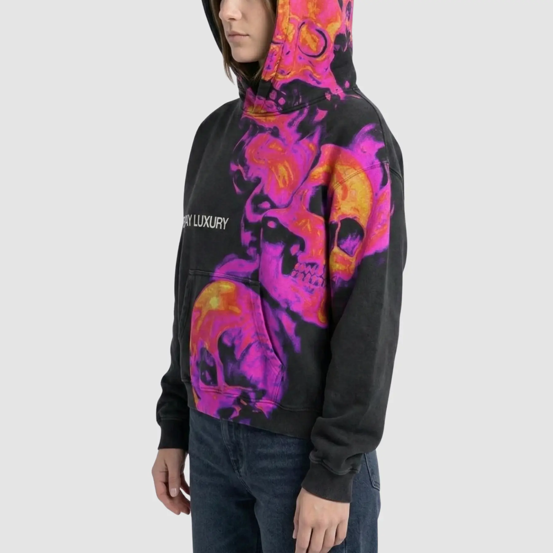 gateway-luxury-skully-black side view-hoodie-street-style Men wearing Gateway Luxury skully hoodie relaxed fit pullover style