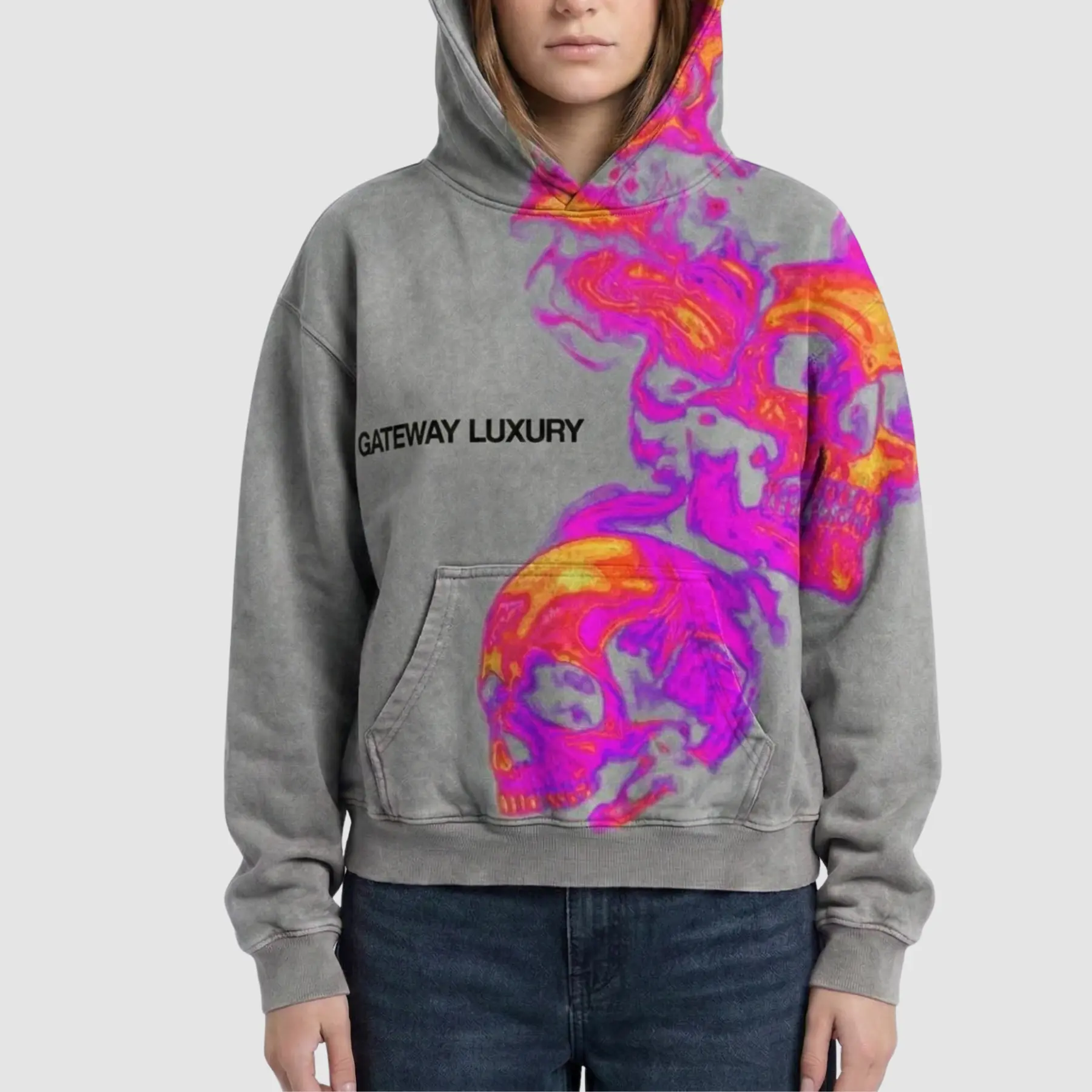 gateway-luxury-skully-grey-hoodie-closeup Gateway Luxury skully black hoodie styled with jeans for urban streetwear look