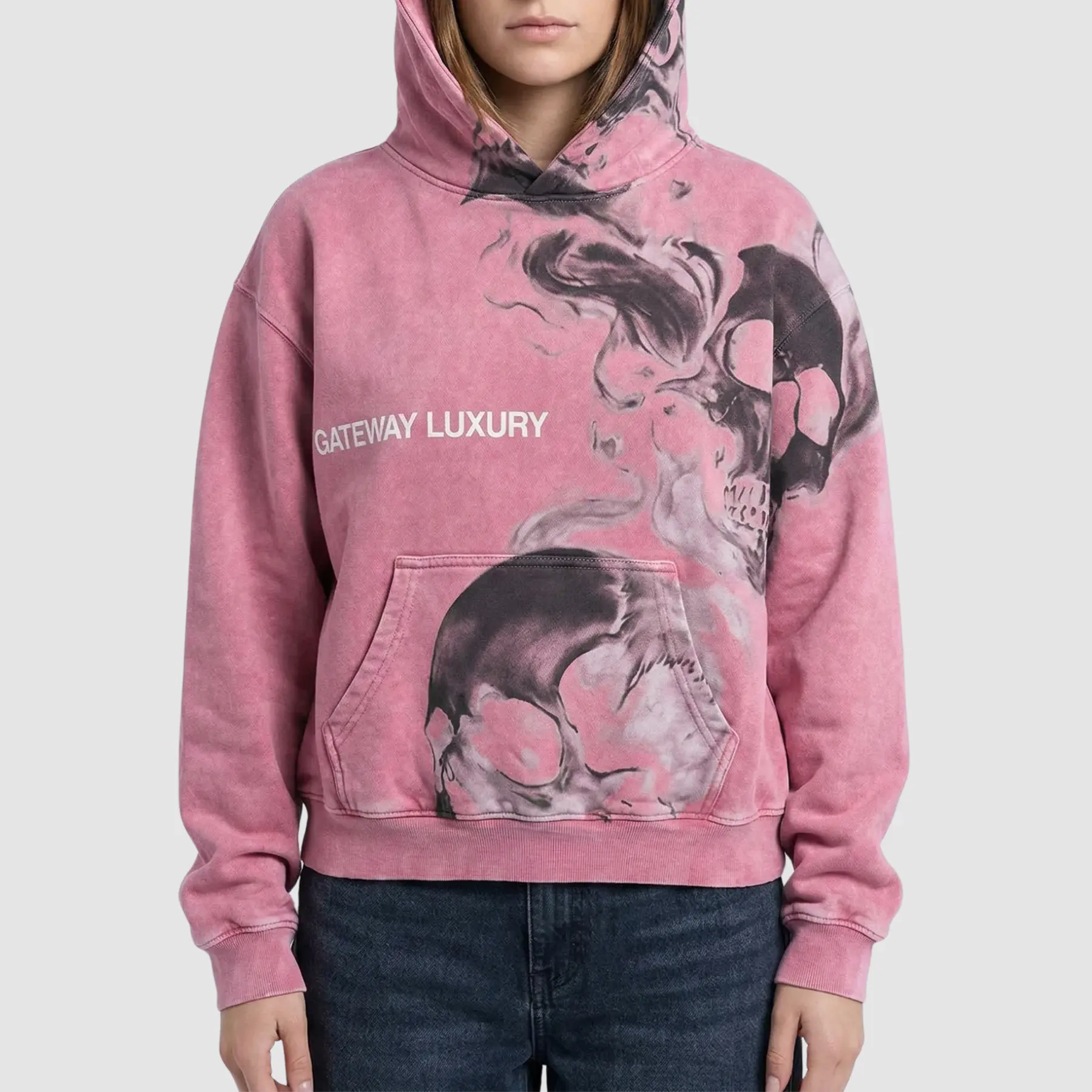 gateway-luxury-skully-pink-smoke-hoodie-front Gateway Luxury Skully pink smoke hoodie front view with bold skull graphic
